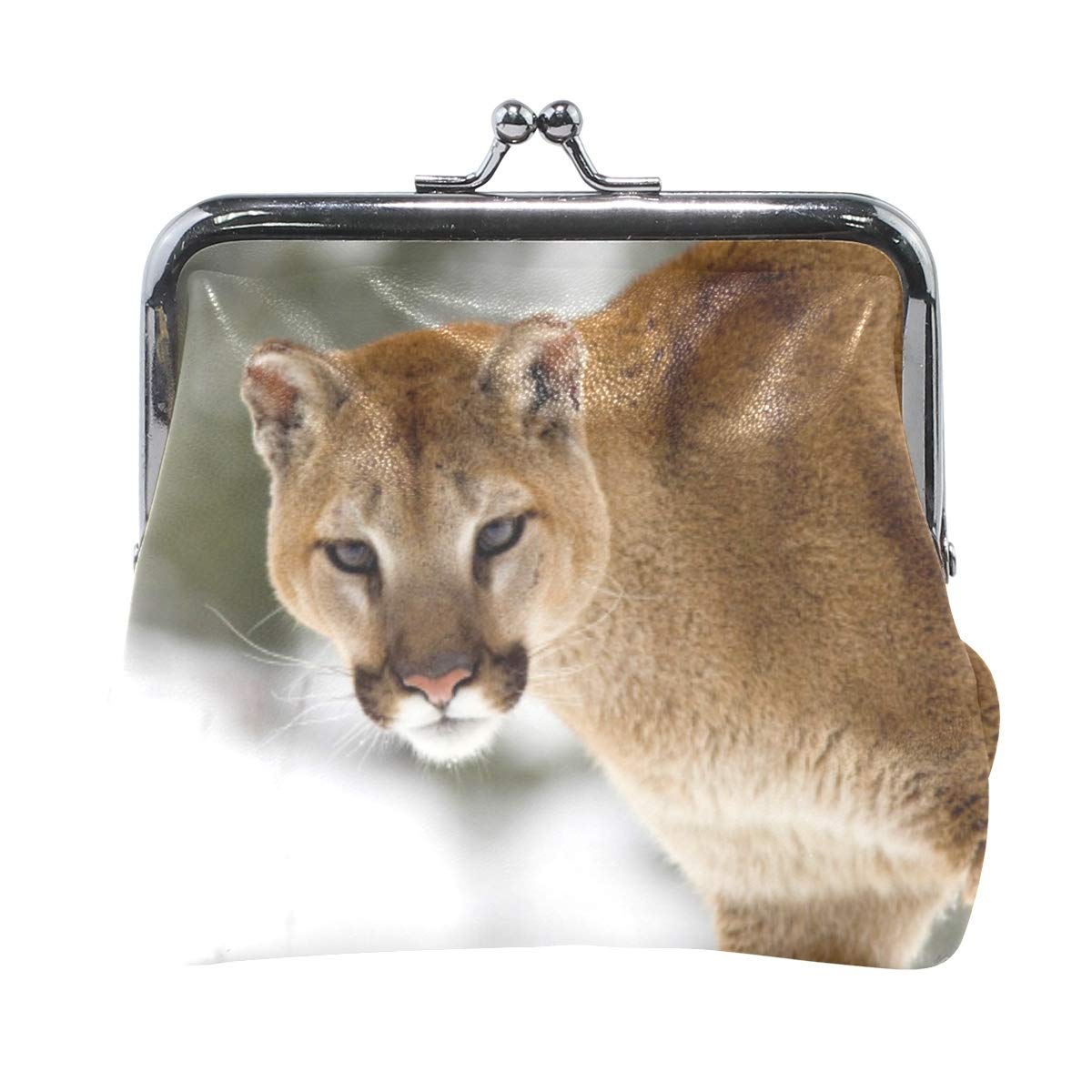 AJINGA Cougar Winter Montana Coin Purse Pumpkin Leather Coin Wallet Snap Closure Clutch Bag