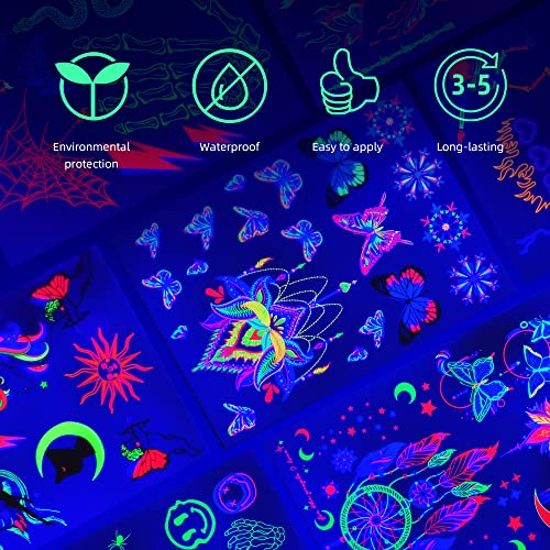 Divawoo 8 Sheets Glow In The Dark Neon Temporary Tattoo,Uv Blacklight Neon Glow Fake Tattoos, Rave Festival Accessories For Women Party Supplies #TOP2