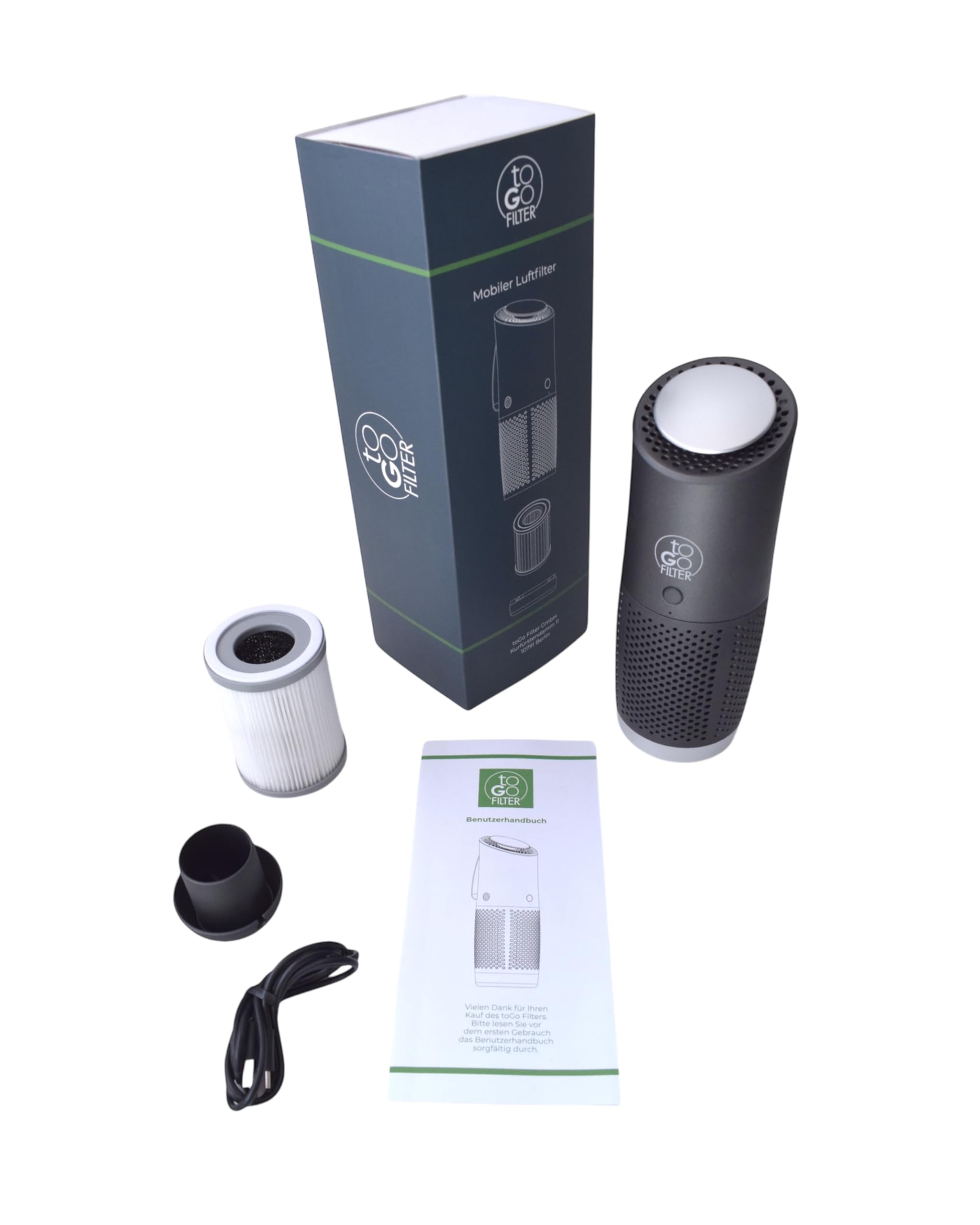 toGo Filter purificador de aire portátil pequeño con batería para viajes, coches y mesas, filtro HEPA 13 y filtro de carbono, contra contaminantes polen humo - para alergias y asmáticos (negro)