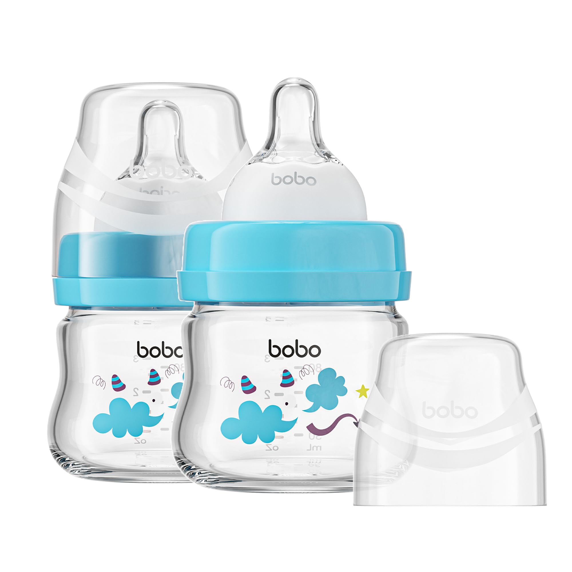 YOHKOH Glass Baby Bottles with Slow Flow Nipple, Newborn Anti-Colic Baby Bottles for 0+ Months, Wide Neck Feeding Bottle, Clear (Blue, 2.7oz (Pack of