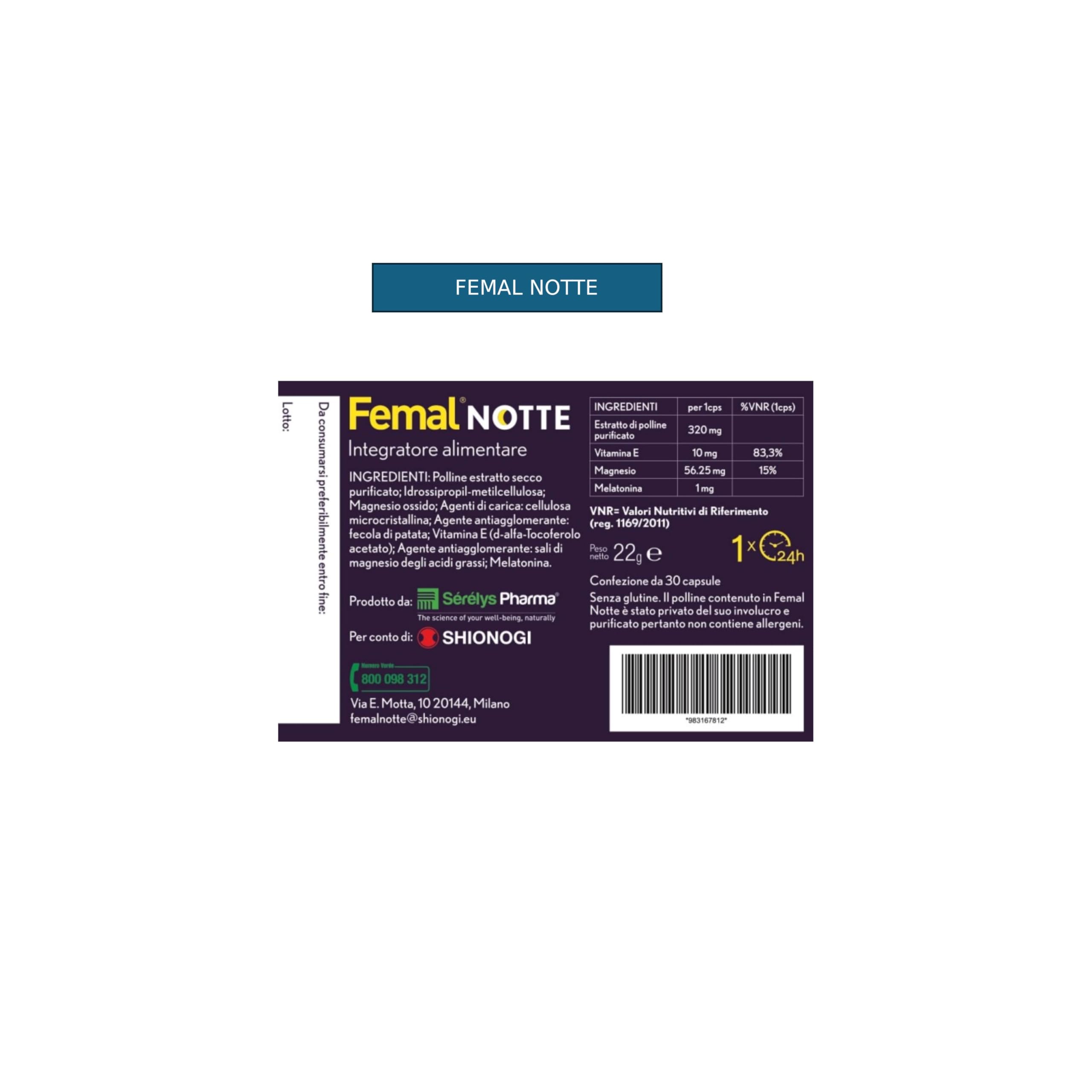 Femal Notte Menopausa, 30 Capsule, Integratore Alimentare Naturale Non Ormonale per contrastare i disturbi del Sonno, Estratto di Polline, Melatonina e Magnesio, Senza Glutine