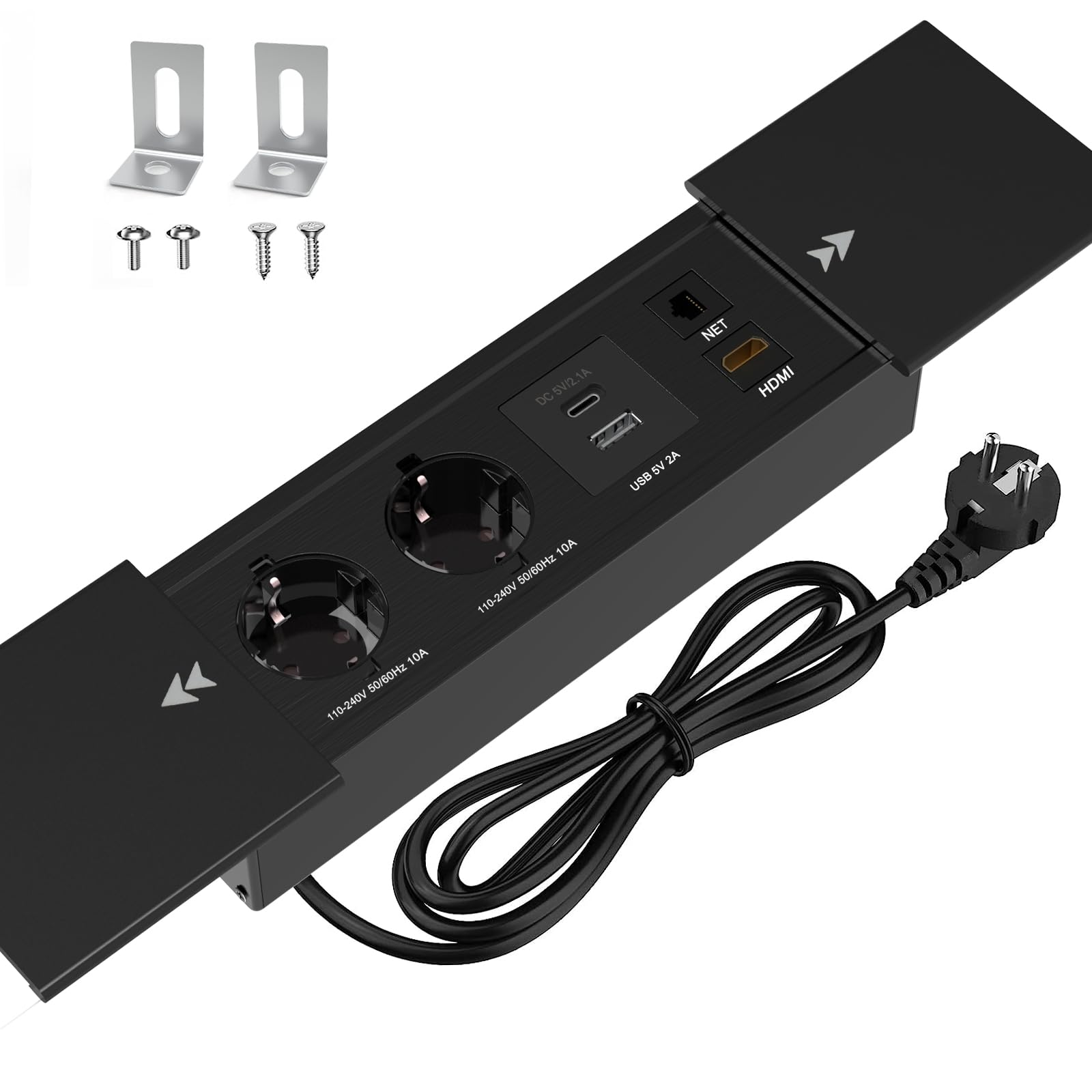Enchufe de escritorio con cubierta deslizante, enchufe empotrado con 2 enchufes, 1 USB, 1 tipo C, interfaz de red HDMI TD, regleta eléctrica de aluminio para escritorio de oficina, cocina