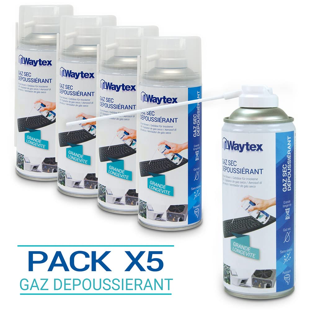 Waytex A73657C5 Gaz dépoussiérant puissant pour ordinateur, clavier, matériel informatique, avec Prolongateur Lot de 5 bombes de 400 ml