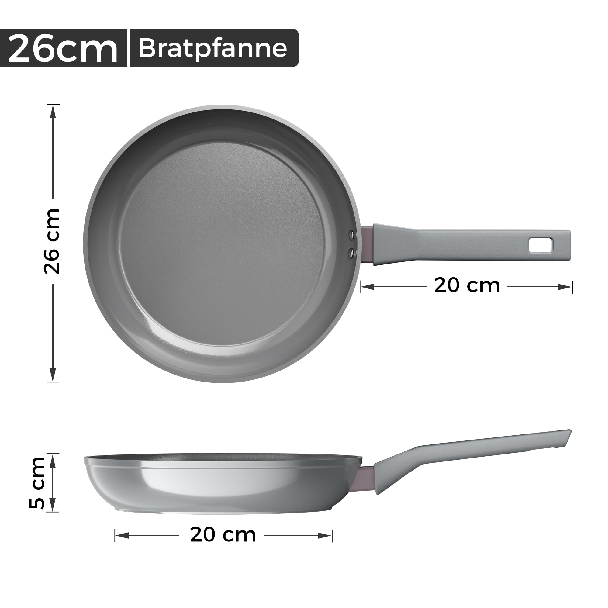 Sanho Bratpfanne 26cm, Keramikpfanne Antihaft Induktion, Omelette Pfanne | DiamondTitan Ceramic Pan , Poignée Anti-Brûlure, PFAS/PFOA/PTFE-frei, Spülmaschinenfest, für alle Herdarten,Grau