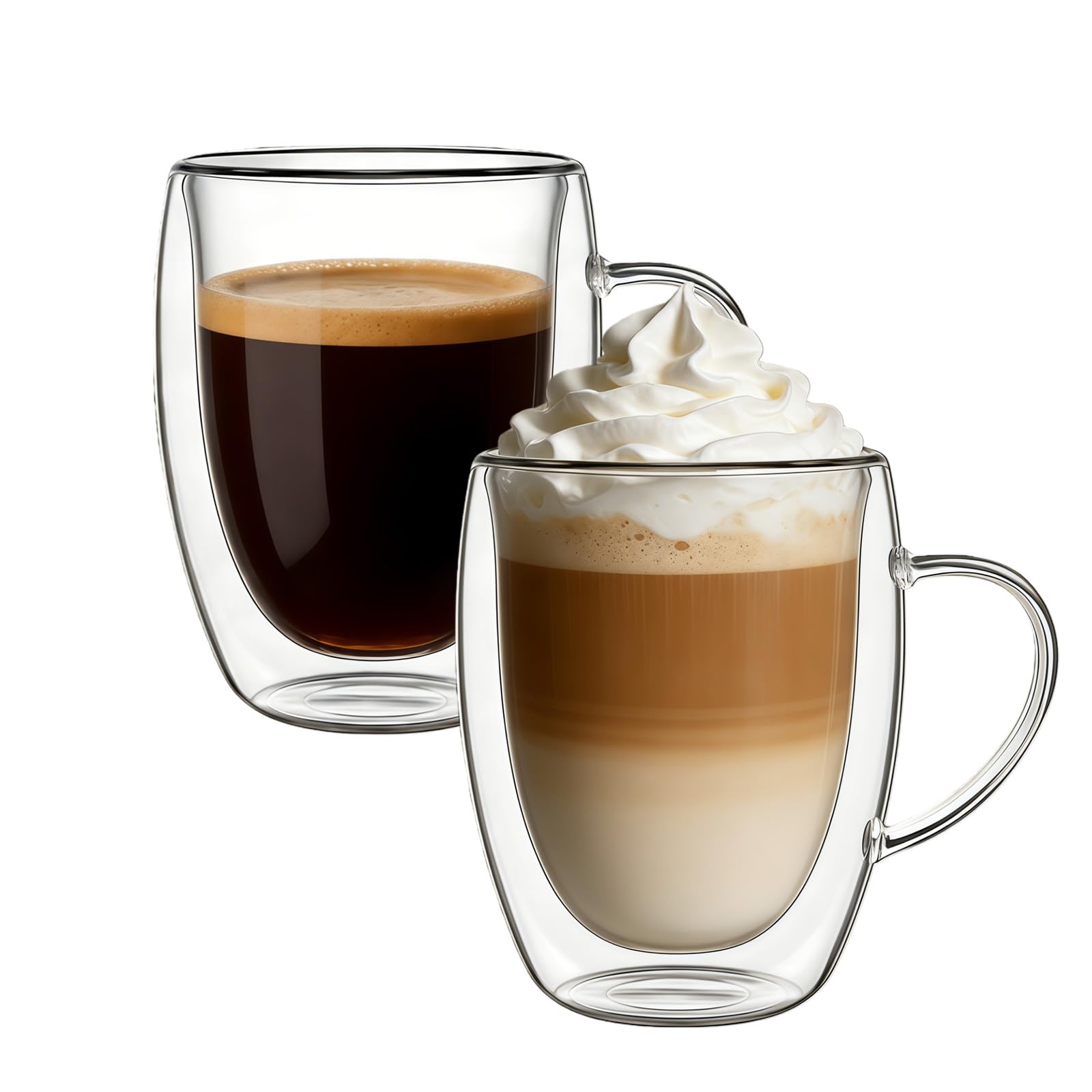 Goldmeet Double Glass Coffee Cups,Set of 2 350ml Insulated Glass Coffee Cup Without Handle, Cappuccino Latte Macchiato Glasses Cups for Hot Chocolate, Espresso Cups, Dishwasher Safe