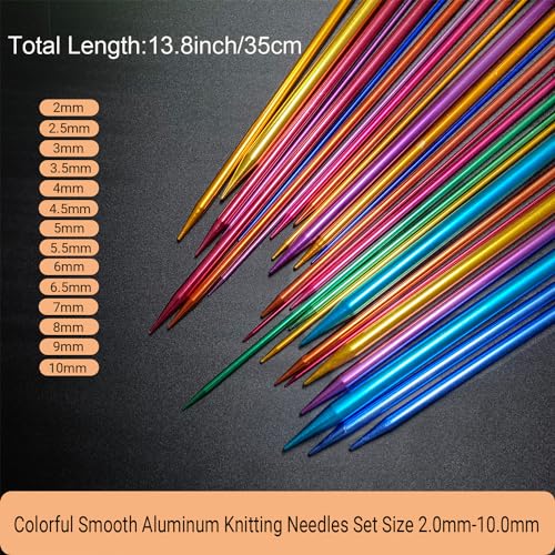 Hobekoee HOBEKOEE-2 60Pcs Aluminum Knitting Needles Set,Colored Straight Single Pointed Stainless Steel Knitting Needle Kit,13.8Inch Length thumb #1