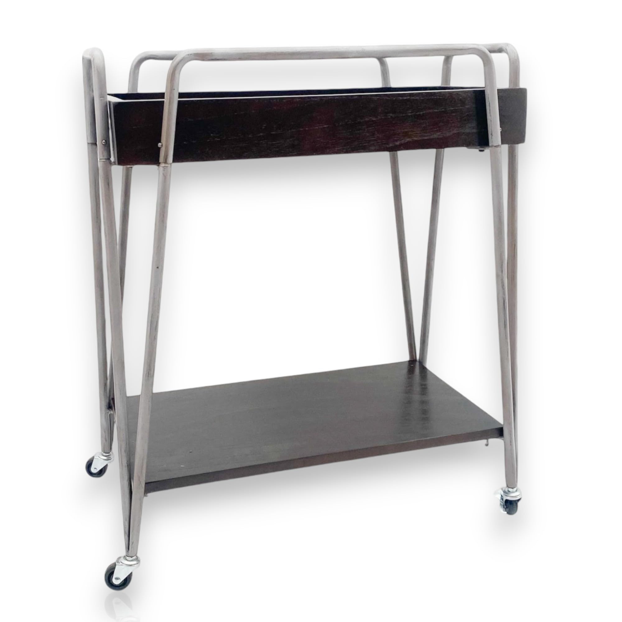 Stylish & Elegant Rectangular Drinks Trolley with 2 Wooden Shelves 75cm - Polished Handle Bar Cart Table for Home Decor, Dining Room - Sturdy Metal Frame with Glossy Finish (Black)