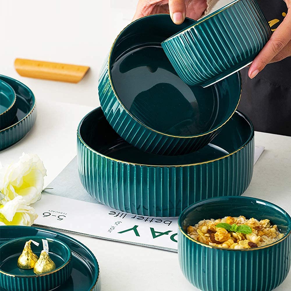 Juego de vajilla para el hogar o Restaurante Especial, Juegos de Cena de cerámica, tazón/Plato/Cuchara|Juego de vajilla con patrón de Borde de Oro Verde Juego de combinación de Porcelana de