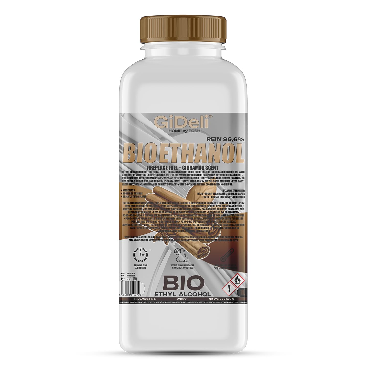 GiDeli Bioetanol 1 l con aroma a canela 96,6% etanol para chimeneas interiores y exteriores, sin humo ni hollín, de maíz y remolacha azucarera