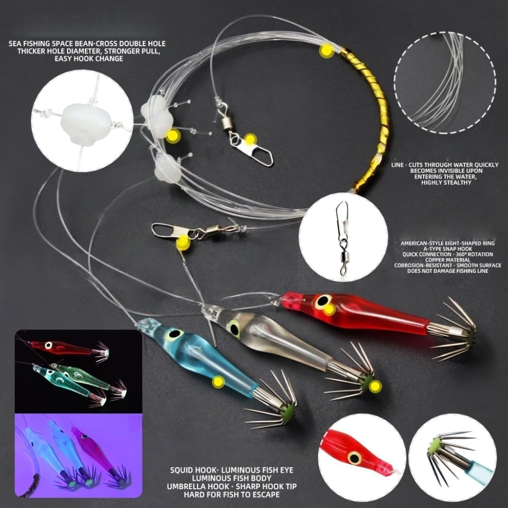 2pcs Glow in The Dark Squid Fishing Rig, Pre-Tied Nylon Leader Line with Multiple Sharp Jig Hooks, Effective Night Time Saltwater Bottom Fishing Lure Tackle for Cuttlefish and Squid