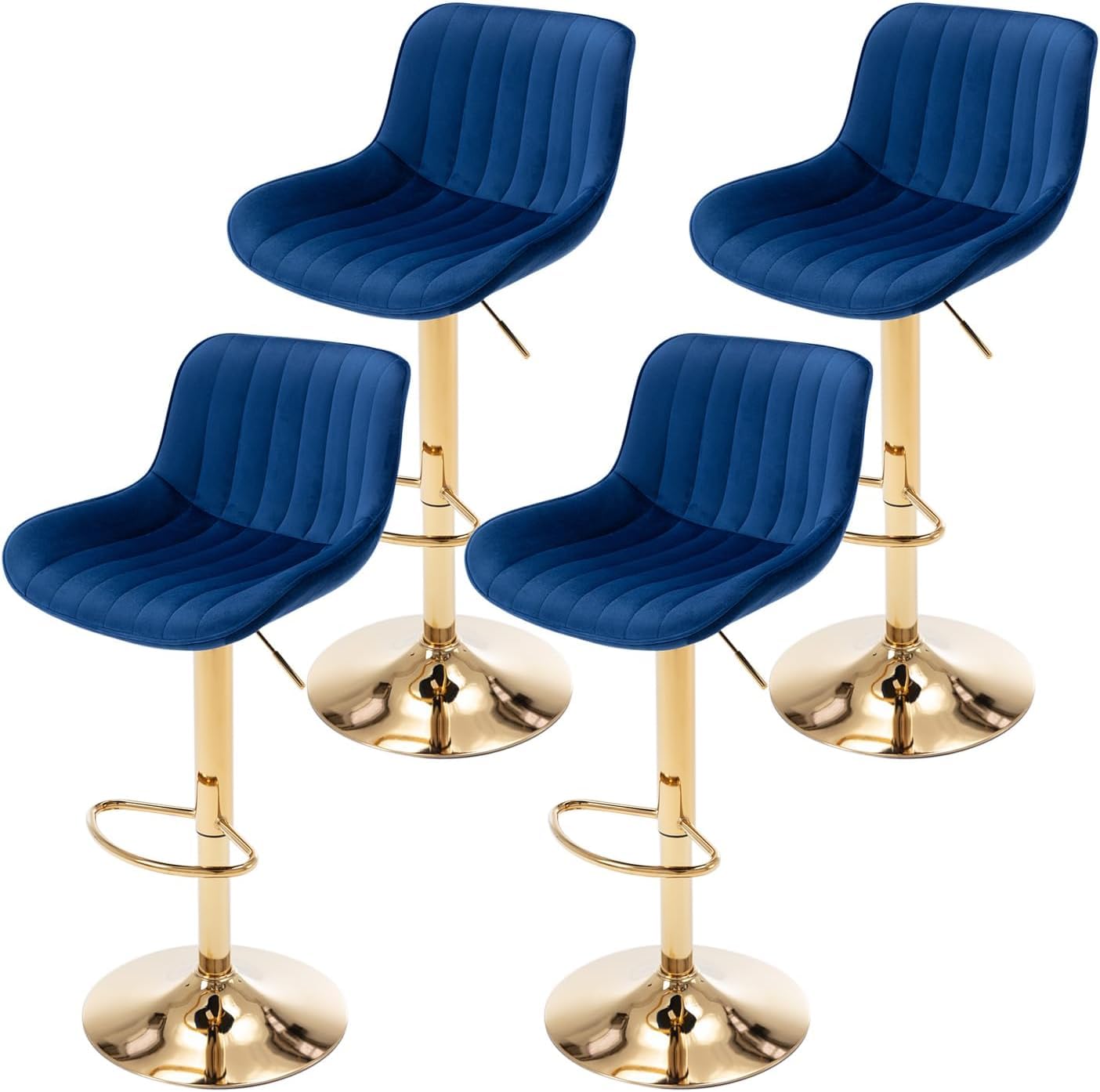 Taburetes Altos de Cocina Juego de 4,Azul Taburete de Bar de Terciopelo Regulables en Altura 60-82cm Giratorio en 360° con Respaldo y Reposapiés Base Dorada Sillas de Bar (4, Azul)