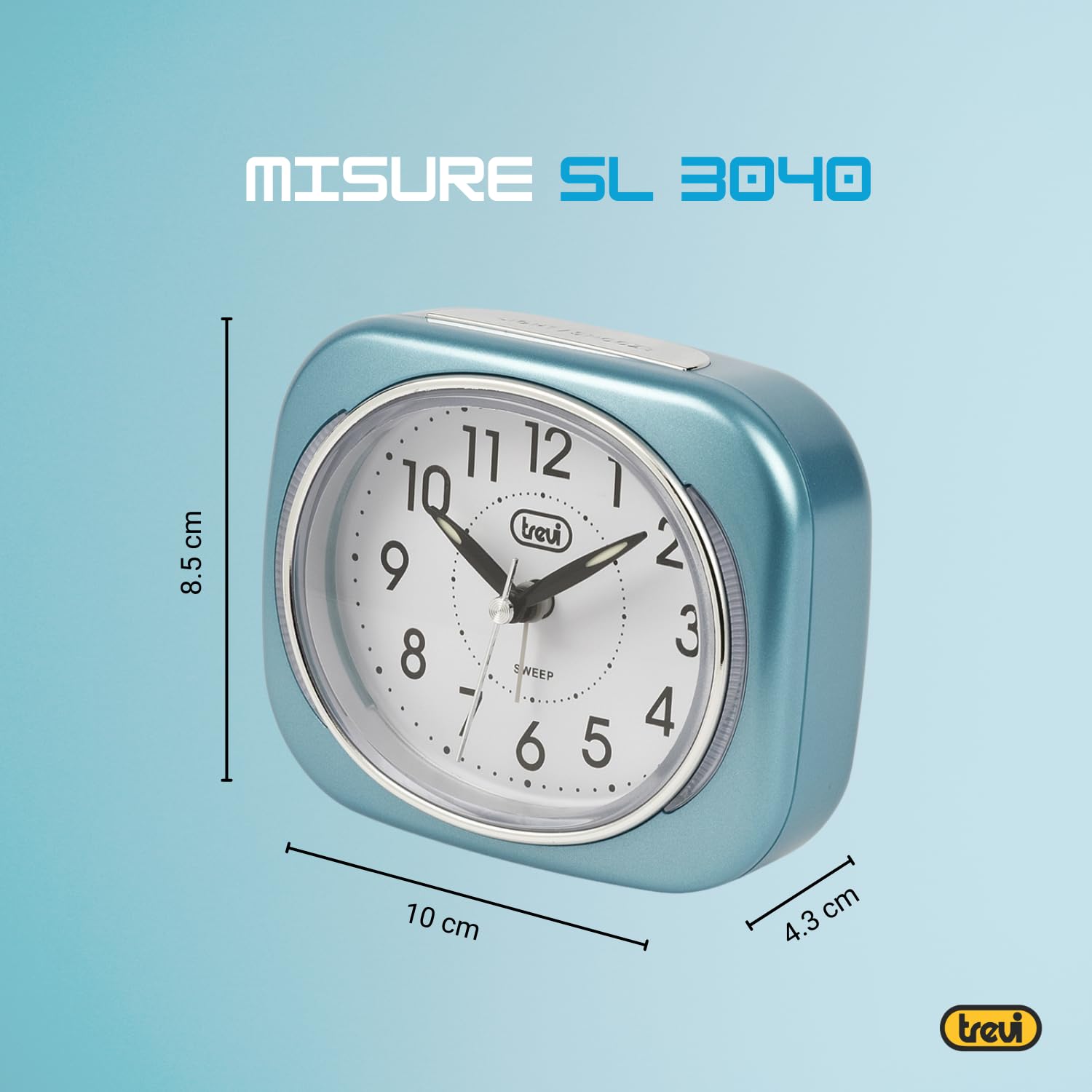 Trevi SL 3040 Sveglia Analogica Silenziosa con Retroilluminazione LED e Ampio Quadrante, Movimento SWEEP Senza Ticchettio, Funzione Snooze, Funzionamento con Batteria Stilo AA, Facile Utilizzo, Blu