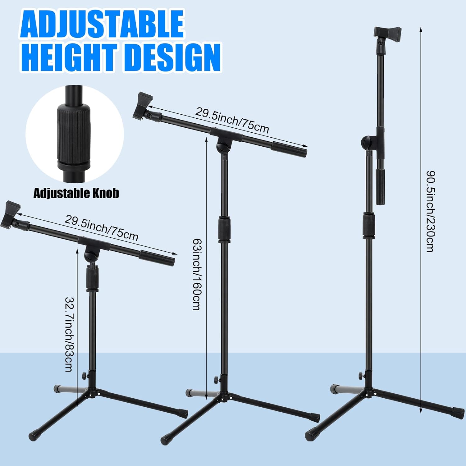 4 Sets Mic Stand Adjustable Boom Arm Microphone Stand with Tripod Base Boom Microphone Stands Height Adjustable 32.7-90.5 Inch with Mic Clips 3/8"-5/8" Adapter for Singing Performance Stage