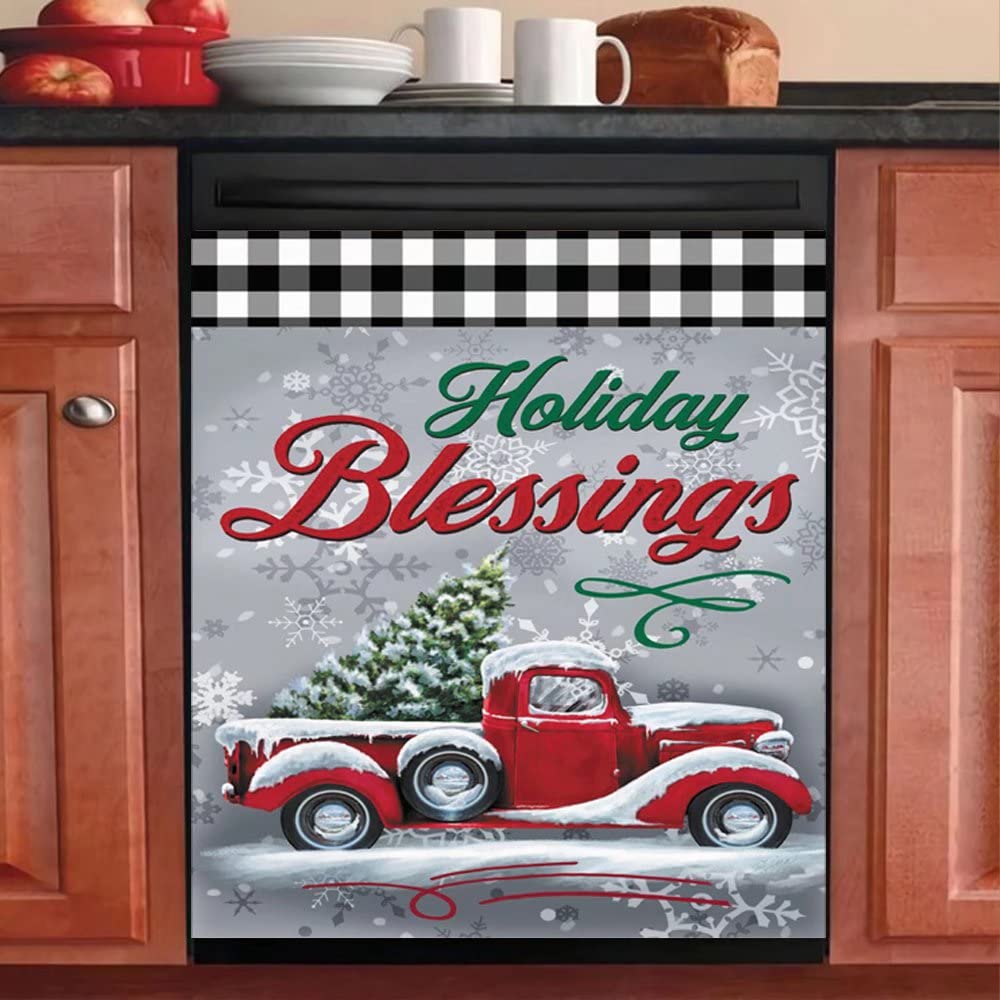 Holiday Blessing Dishwasher Magnet Kitchen Decorative,Christmas Tree Dishwasher Cover Red Truck Refrigerator Magnets,Snowflake Magnetic Dishwasher Decal Home Appliance Fridge Sticker 23"x26"