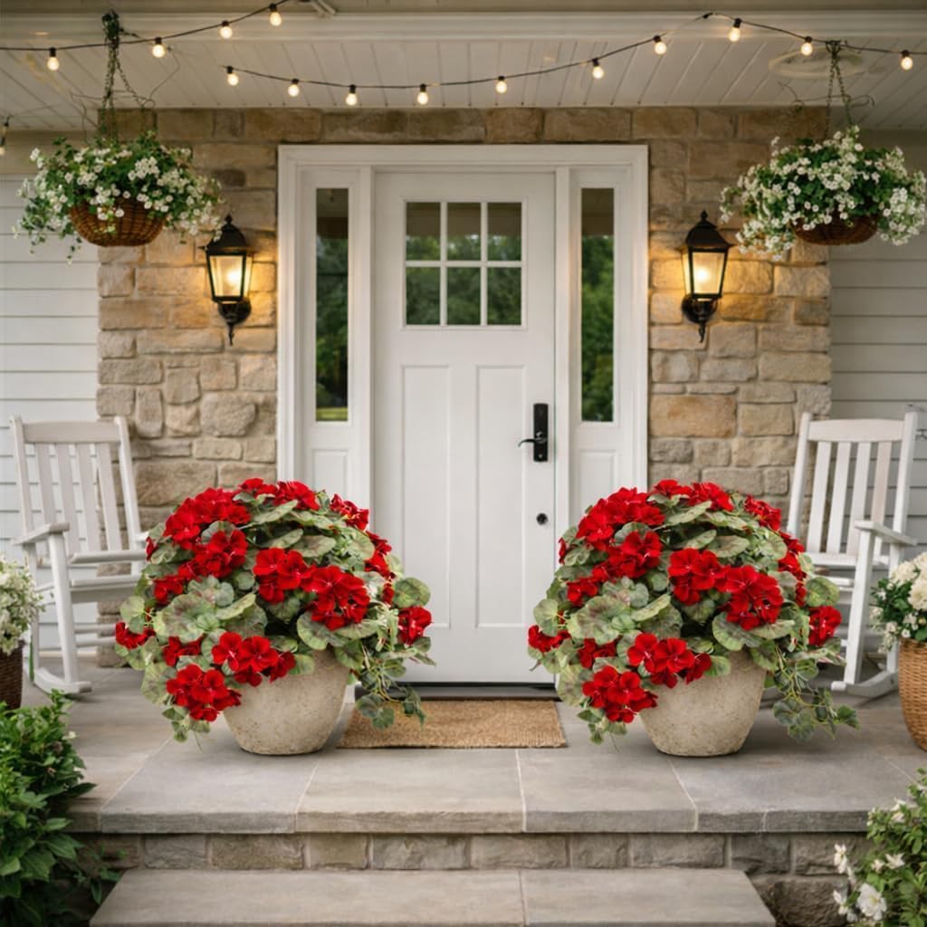 4 Pack Artificial Geranium Flowers with Real Touch Leaves, UV Resistant Silk Red Geranium Bush for Indoor Outdoor Decor, Realistic Fake Plants for Farmhouse Home Garden Patio (Vase Not Included)