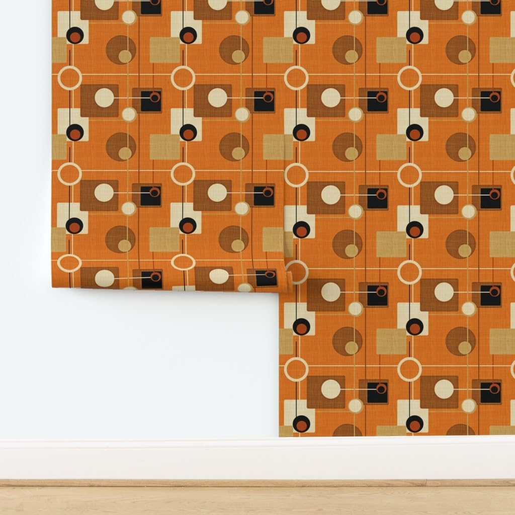 Spoonflower Peel & Stick Wallpaper Swatch - Orbs Squares Orange Atomic Vintage Pattern Fifties Brown Mid Century Modern Rustic Retro Decor Custom Removable Wallpaper