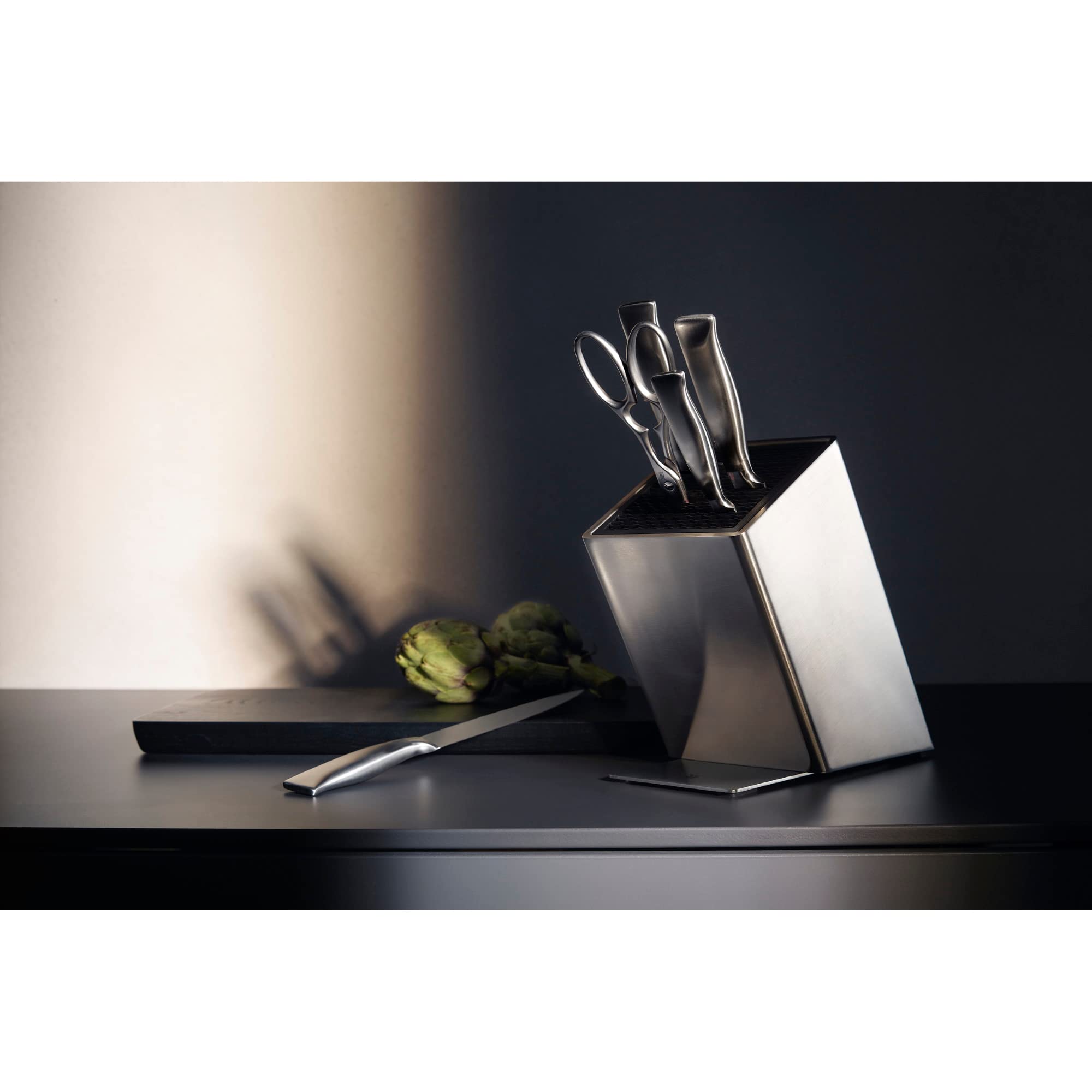 WMF Bloc à couteaux Grand Gourmet avec set de couteaux 6 pièces, Fabriqué en Allemagne, 4 couteaux forgés, ciseaux, bloc en acier inoxydable, Performance Cut