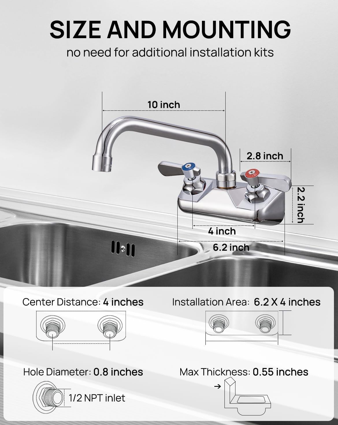 Leak-Free Commercial Sink Faucet 4" Spread Center 10" Spout, Wall Mount Bar Faucet 4 inch Center 2 hole 2 Handle, for Triple 3 Compartment Sink, Restaurant Laundry Hand Wash Industrial, Brass