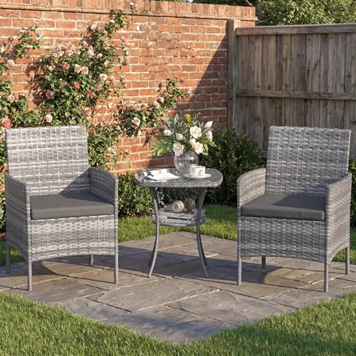 Amopatio Rattan Gartenmöbel Set, Balkonmöbel Set Kleiner 3 teilig, Outdoor Gartenlounge Wetterfest, Bistrotisch mit 2 stühlen, Terrassenmöbel für Terrasse, Balkon, Garten, Grau