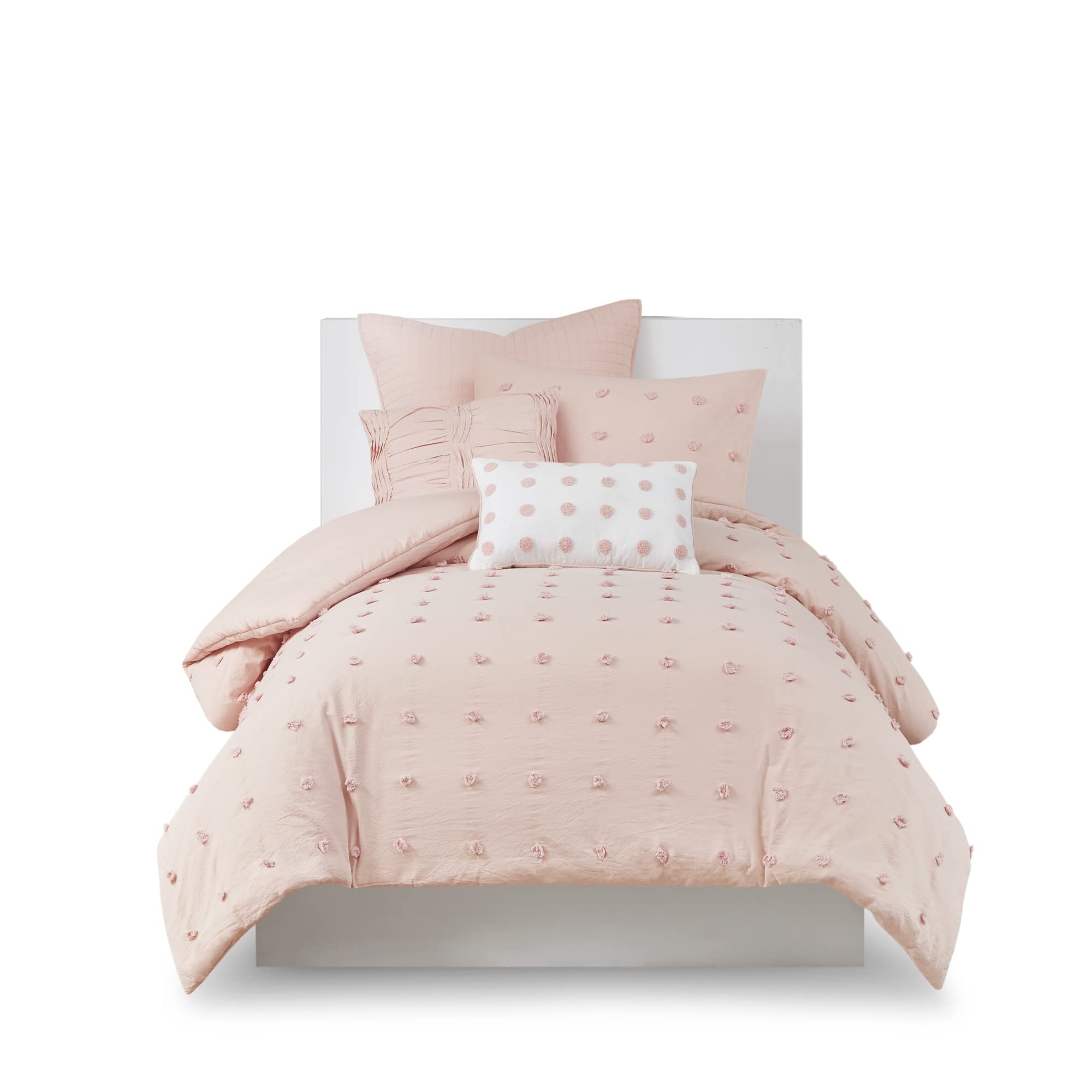 Urban Habitat Cotton Comforter Set - Jacquard Tufts Pompom Design All Season Bedding, Matching Shams, Decorative Pillows, Twin/Twin XL (68 in x 92 in), Pink 5 Piece
