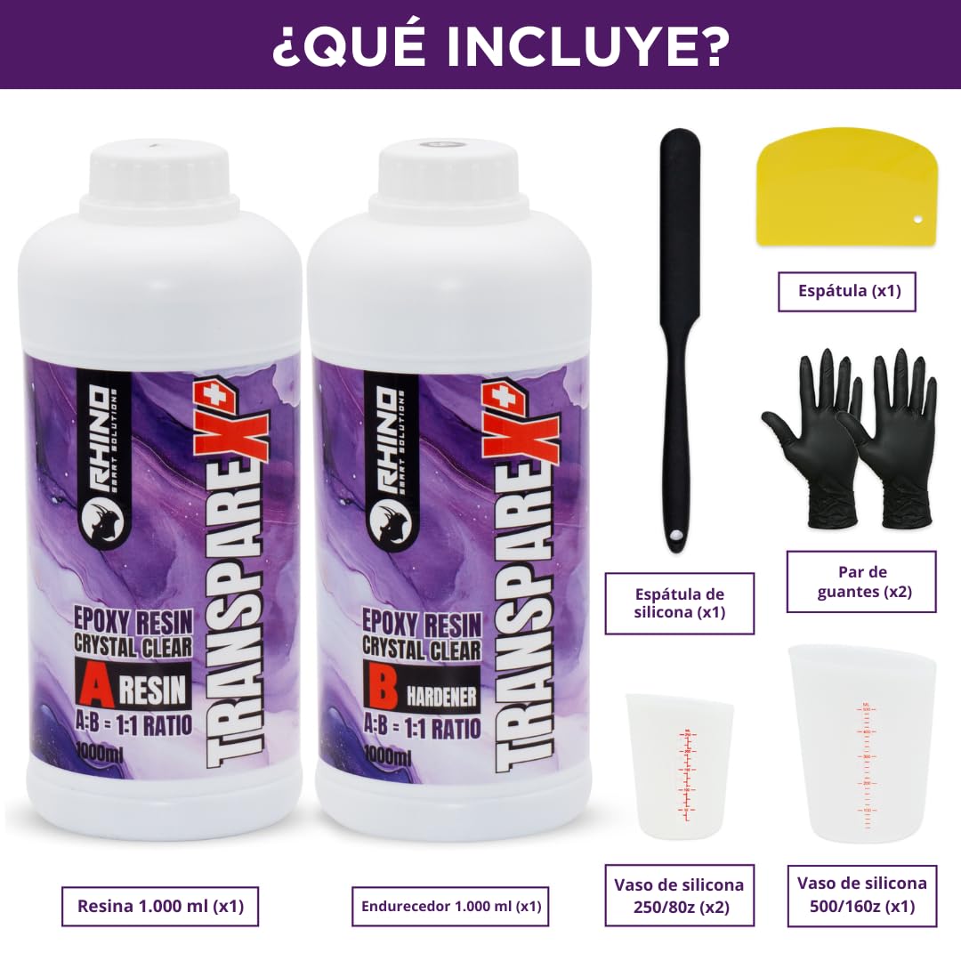 Kit Resina Epoxi Transparente RHINO Smart Solutions TRANSPAREX+ 2000ml para Manualidades - 1000ml Resina Líquida Transparente + 1000ml Endurecedor (1:1) para DIY, Arte, Modelado, Joyería, Bricolaje