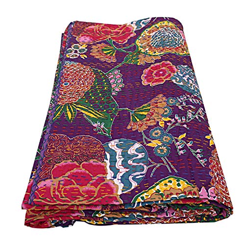 Janki Creation Kantha - Edredón de Kantha hecho a mano indio bohemio para ropa de cama Kantha, manta tropicana Fruit King Kantha, funda de cama de 90 x 108 pulgadas (morado) Cover