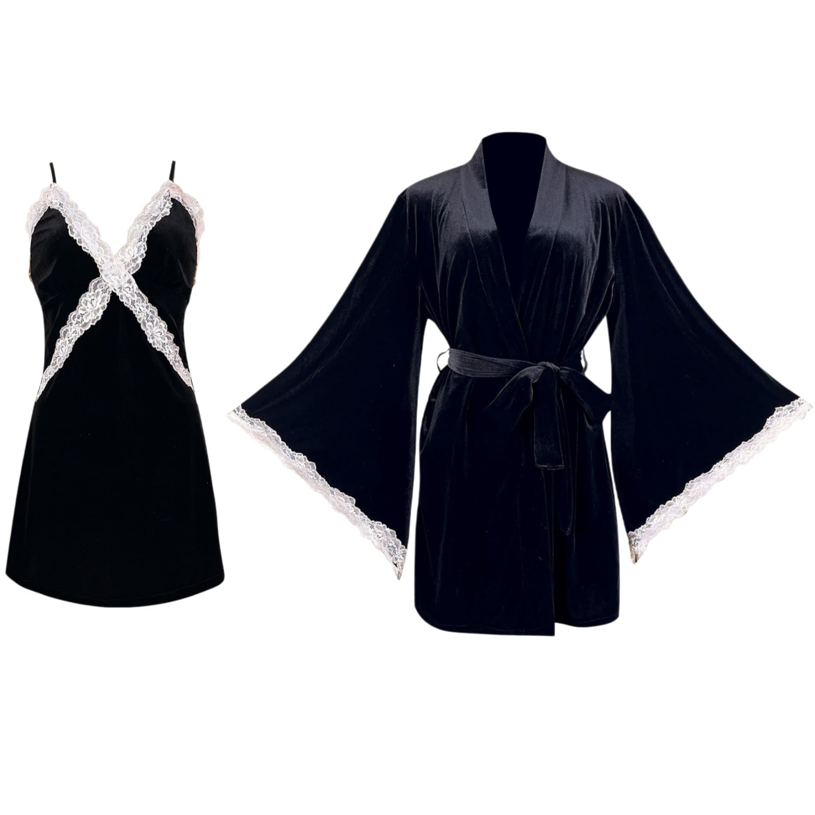 Robe De Chambre Femme Ensemble Deux Pièces Robe De Chambre Et Nuisette en Velours À Manches Cloche Et Bordure en Dentelle Croisée pour Femme