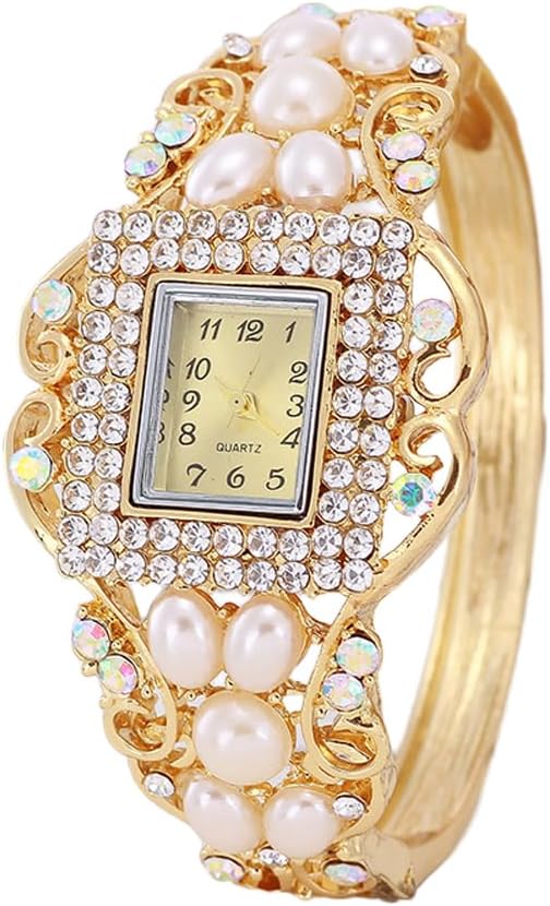 Women Bracelet Square Dial Quartz Bangle Wrist Watch Lady Diamond Pearl Jewelry Watches Gold Color, Gold, Modern