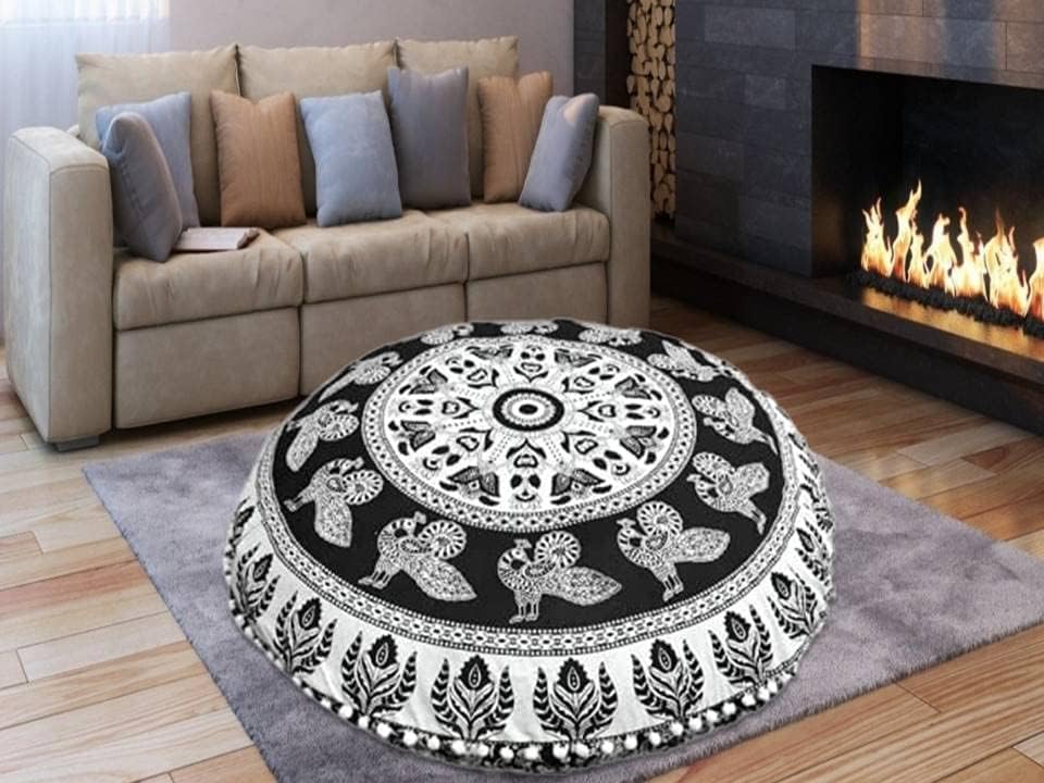 フロアピロー "カバーのみ" ボヘミアン ブラック ホワイト クッション シーティング カバー スロー ボーホー マ