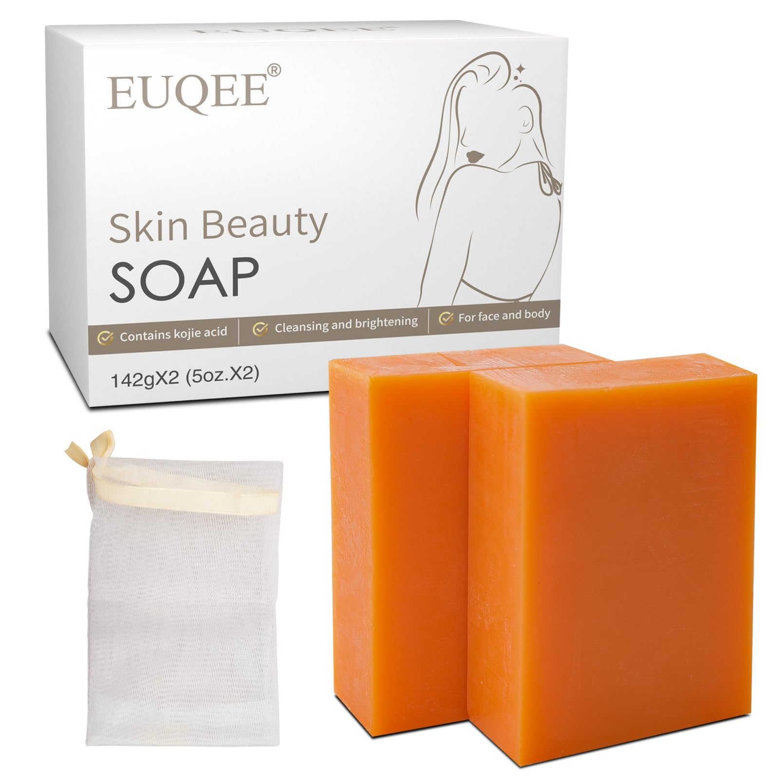 Kojic Acid Soap, EUQEE Papain Soap Bars for Hyperpigmentation, Skin Brightening, Gentle Soap for Face and Body Moisturizing with a Foaming Net (2x142g)