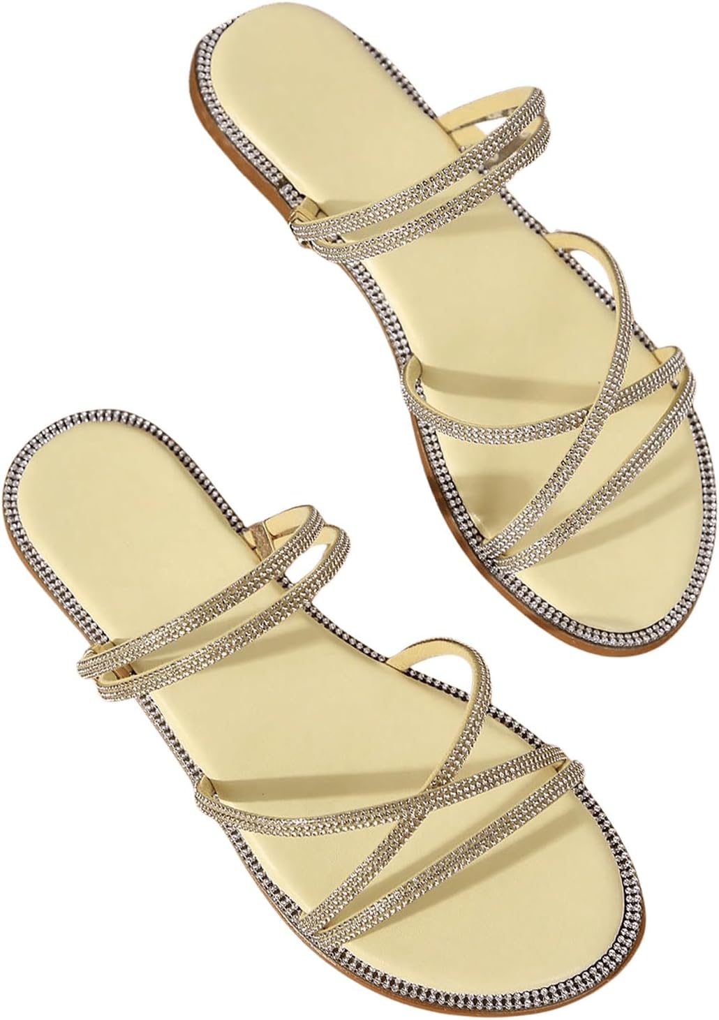 OYOANGLE Women's Rhinestone Strappy Open Toe Slide Sandals Slip on Casual Flat Sandals