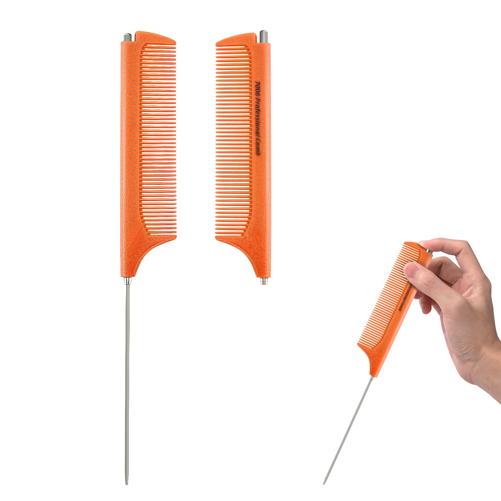 Jurrissa Rat Tail Combs for Parting, Protable Retractable Rat Tail Comb, Parting Combs for Hair Stylist, Fine Tooth Teasing Comb Stainless Steel Pin