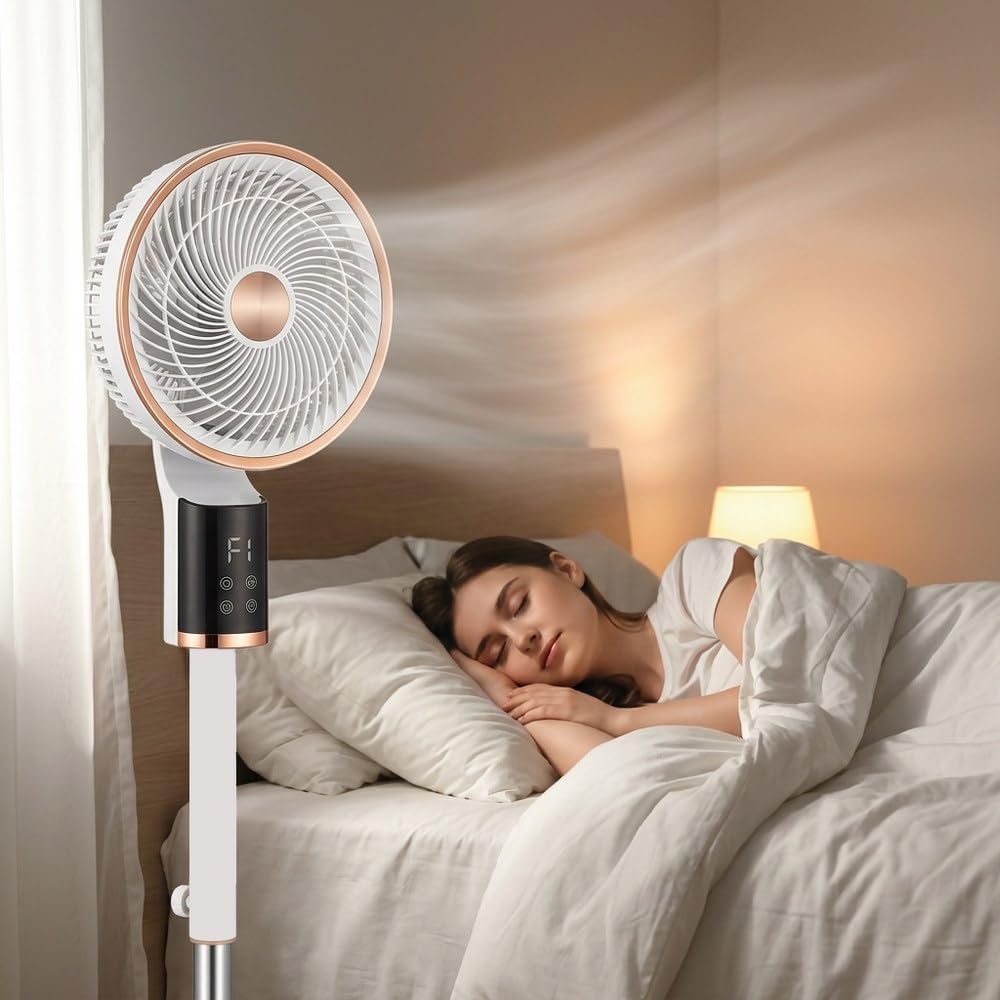 Brigros White - Ventilatore a Piantana Arion 50W con Display LED e Timer 12 Ore, Ventola Turbo con Oscillazione Verticale e Orizzontale, 3 Velocità, Altezza Regolabile, 31x26x105 cm