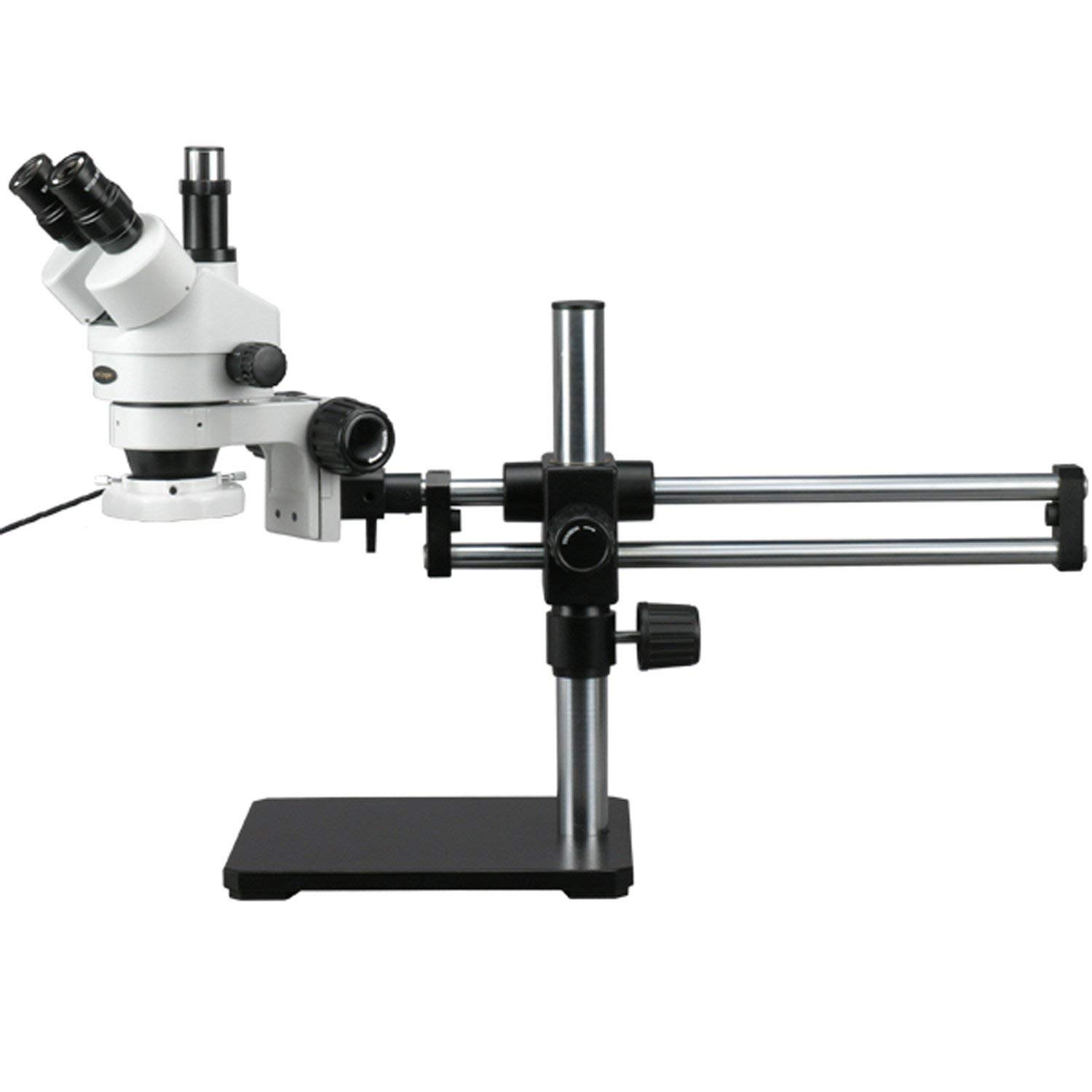 AmScope SM-5TZZ-144S Professional Trinocular Stereo Zoom Microscope, WH10x and WH20x Eyepieces, 3.5X-180X Magnification, 0.7X-4.5X Zoom Objective, 144-Bulb LED Ring Light, Ball-Bearing Double-Arm Boom Stand, 110V-240V, Includes 0.5X and 2.0X Barlow Lenses