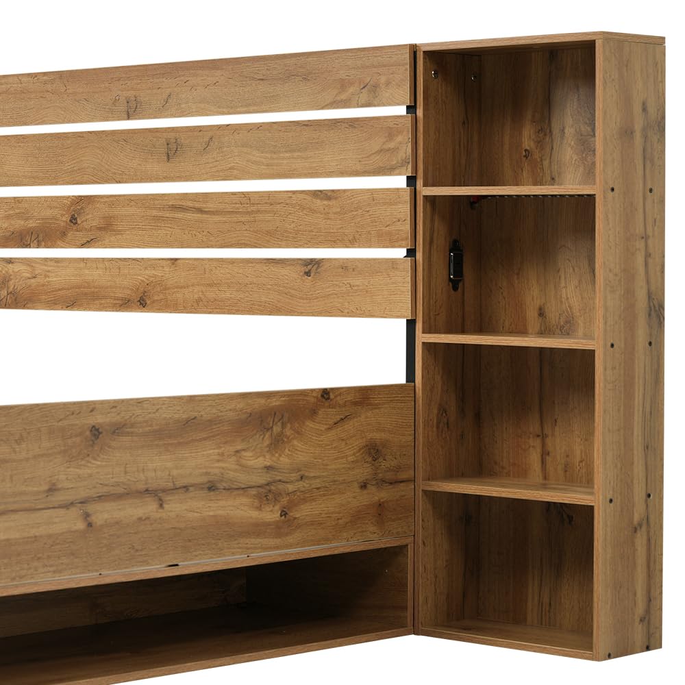 Letto matrimoniale in, letto con illuminazione a LED e testata e cassetti USB C, struttura a doghe in legno, rovere (senza materasso) (160 x 200 cm)