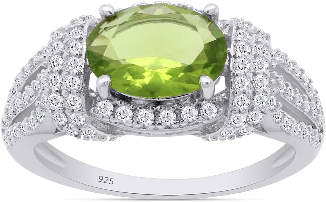SAVEARTH DIAMONDS Oval Cut 8x6MM Center Simulated Green Peridot & Round Cut Sparkling Cubic Zirconia Vintage Cluster Engagement Ring For Women In 14k Gold Over Sterling Silver