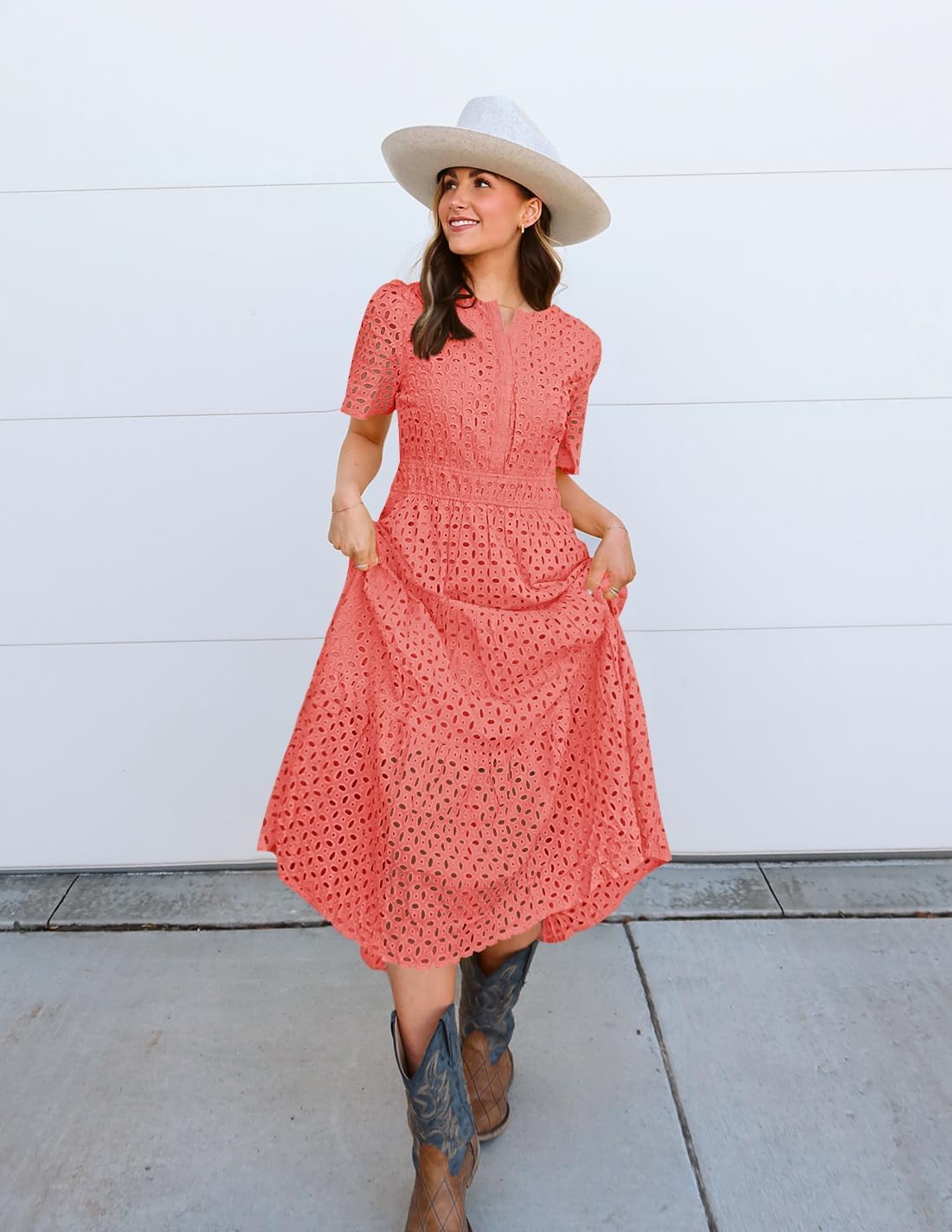 ZESICA Women's 2026 Summer Short Sleeve Maxi Dress Casual V Neck Hollow Out Eyelet Ruffle Swing A Line Long Dresses - Image 6