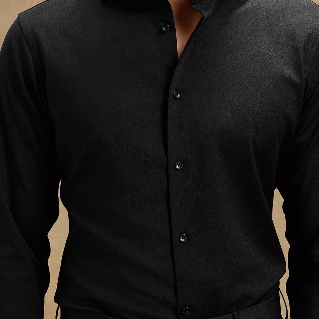 Camisa De Vestir De Hombre Sin Plancha, Camisa Negra De Manga Larga con Cuello Abierto, para Negocios & Bodas