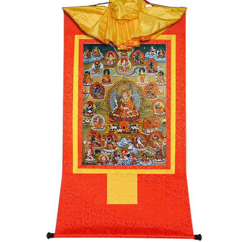 Gandhanra Tibetan Buddhist Thangka Wall Hanging,Guru Rinpoche and Nyingma Schoold Dharmapalas Thangka,Hot Stamped Brocade Buddhist Tapestry for Home Decor, Meditation, Spiritual Relaxation