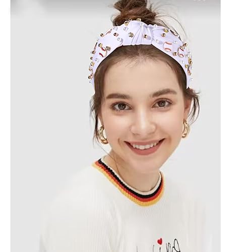 Miniatura 3 de Diadema de béisbol para mujer, accesorios de béisbol, diadema anudada con perlas de cristal, diadema adornada, diadema con nudo superior ancho,