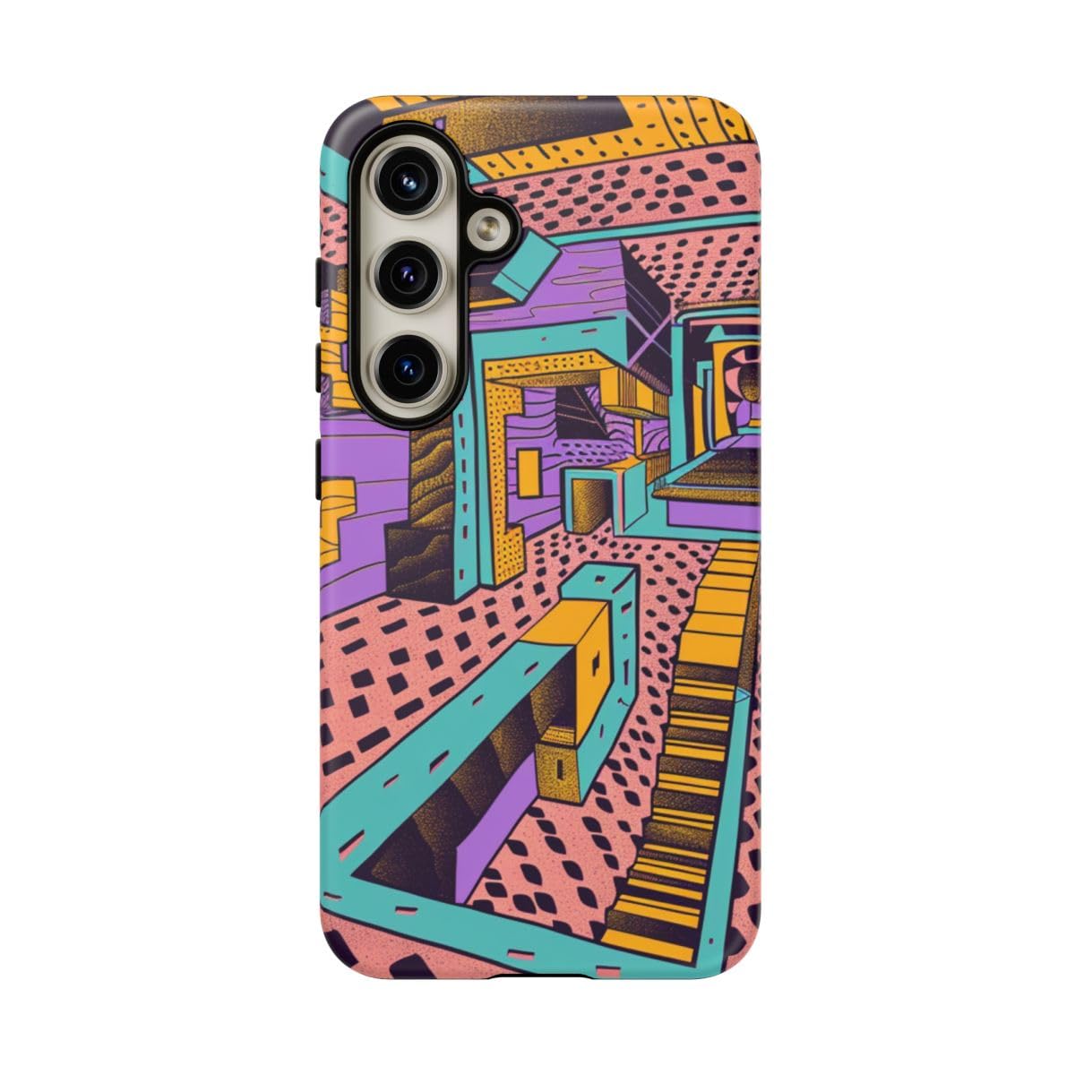 Coque Samsung S24 motif géométrique abstrait rose et rigide mate
