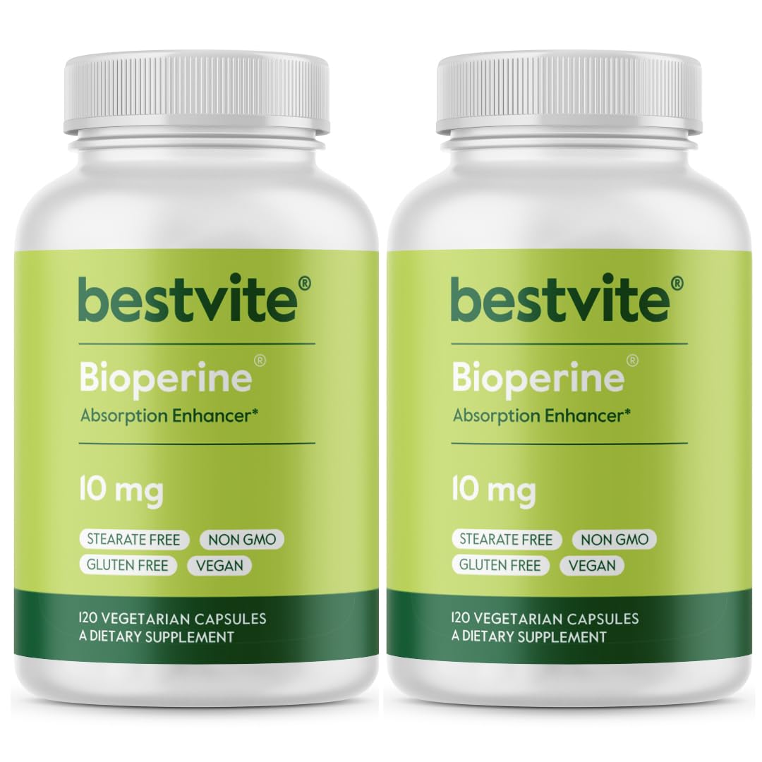 Bestvite Bioperine 10mg (240 Vegetarian Capsules) (120 x 2) - No Stearates - Vegan - Non GMO - Gluten Free - Absorption Enhancer