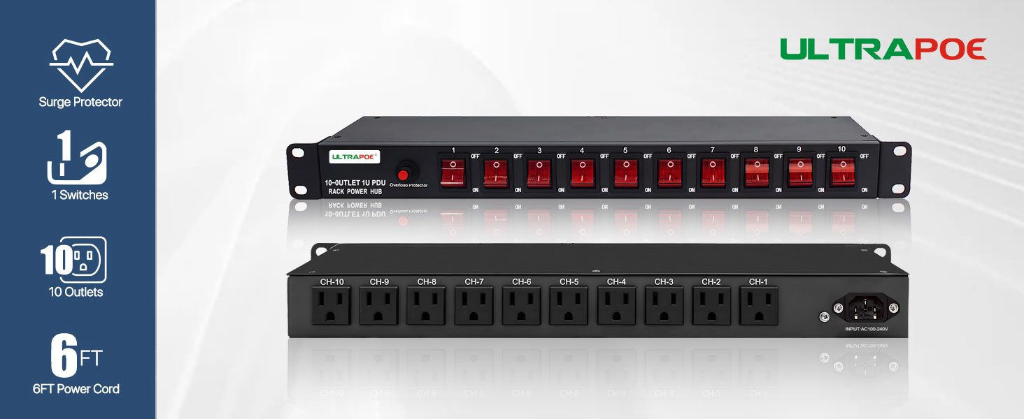 Server Rack Power Strip ThePoEstore 10 Outlets 1U Horizontal PDU ...