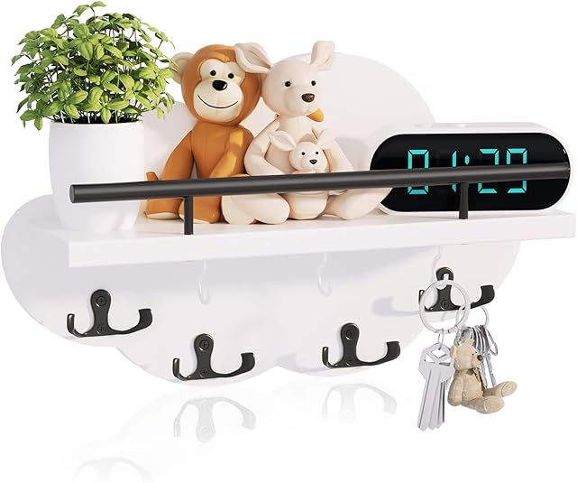 SWTYMIKI Key Holder for Wall Cloud Shaped, White Wall Key Holder Decorative with 11 Hooks, Wooden Key Rack with Shelf Installed in Children's Room, Living Room, Kitchen