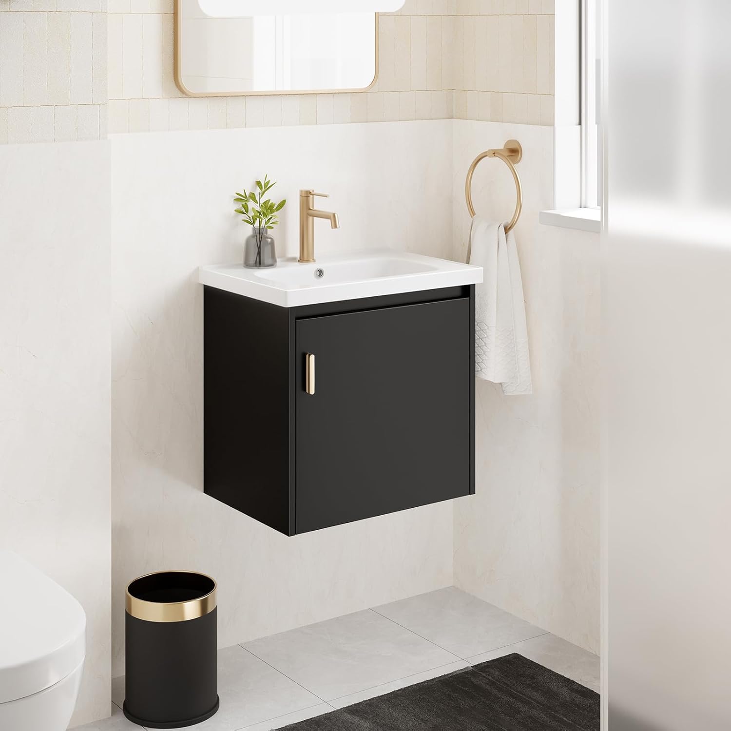 phiestina 20 Inch Floating Small Bathroom Vanity, Pre-Assembled Wall Mounted Black Cabinet with Soft-Close Door,Single Hole Ceramic Sink, Modern Space-Saving Design, No Faucet,BV04-20-PUREBLACK
