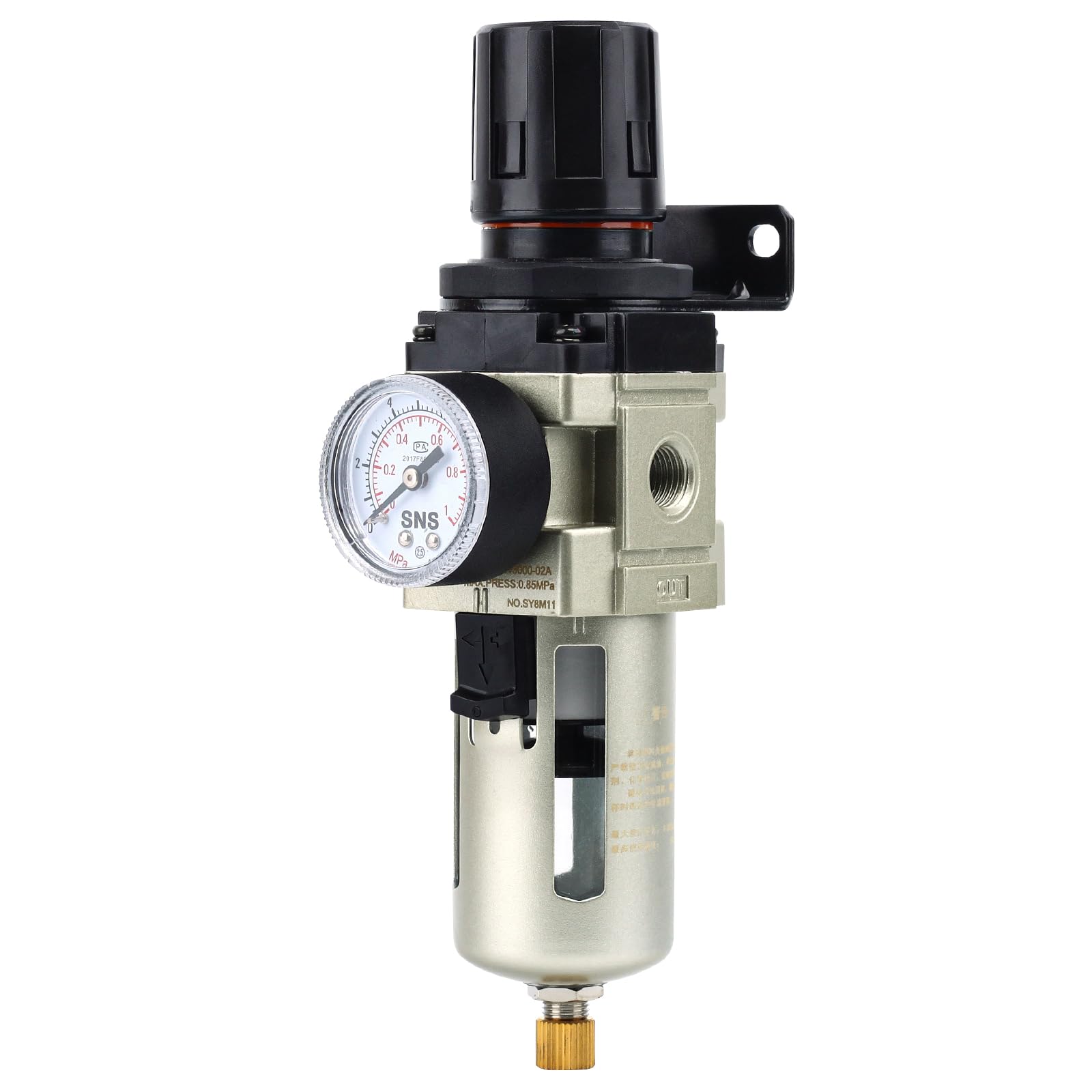 SNS AW3000-N02A Compressed Air Filter Regulator Piggyback Combo 1/4”NPT-metal bowl, semi-auto drain, bracket, gauge