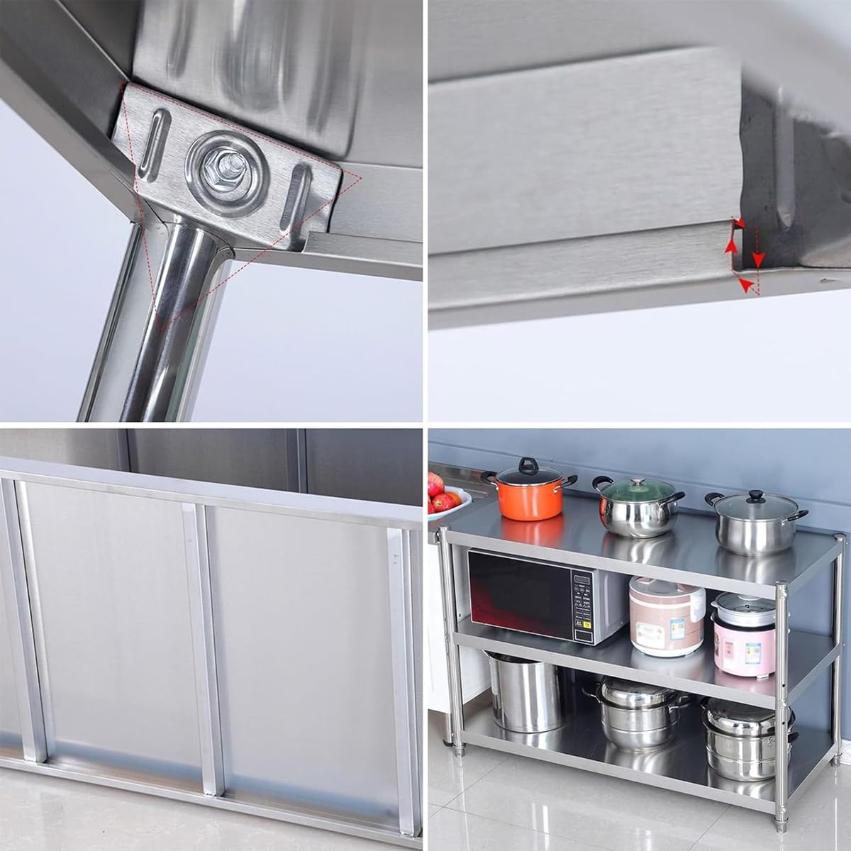 Banco da Lavoro Piano di Lavoro in Acciaio Inox per Cucina Tavolo da Preparazione Inox A 3 Ripiani Scaffalatura per Cucine Commerciali 60x40x80cm
