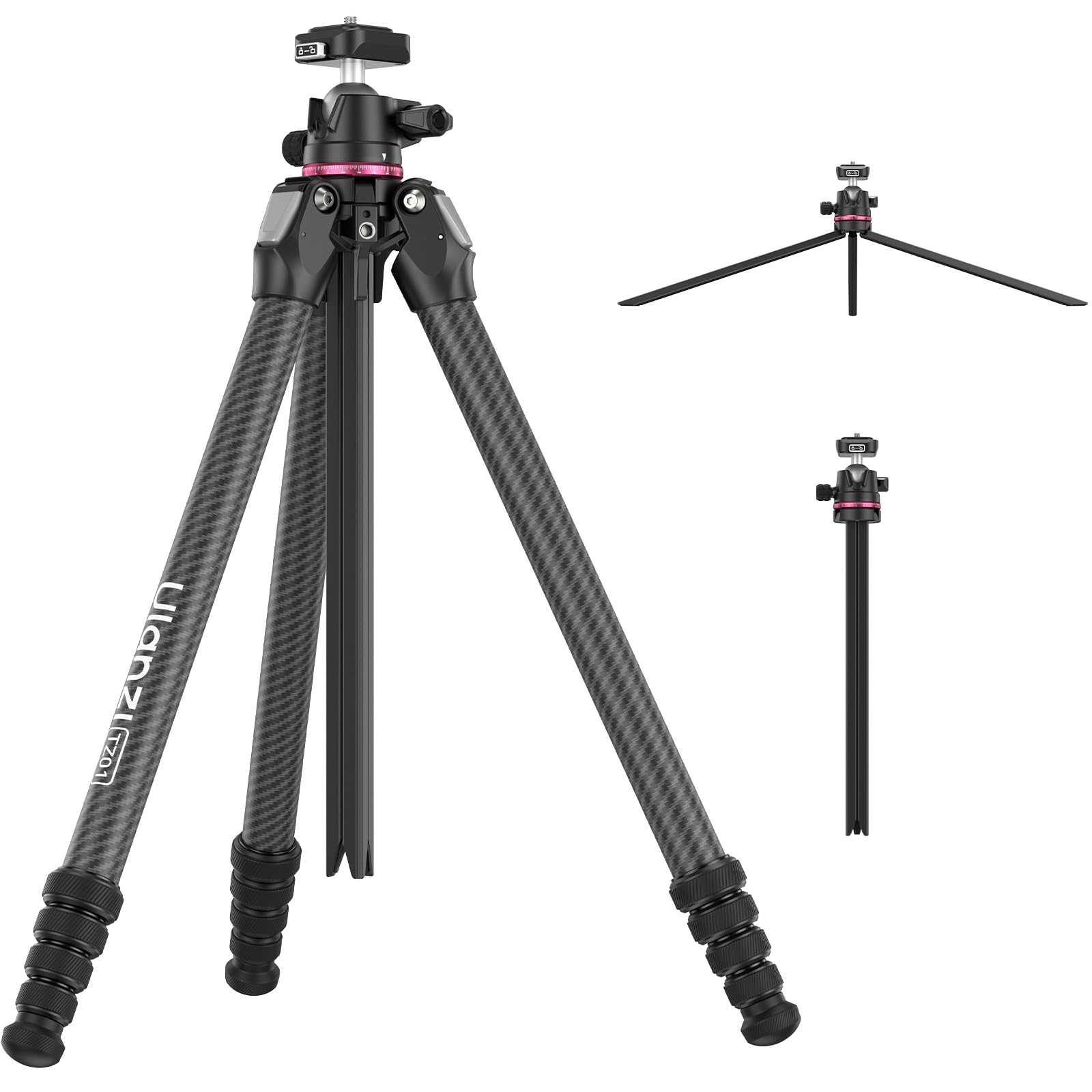 ULANZI TZ01 Trípode de Fibra de Carbono de 163cm, Trípode de Viaje 2 en 1 con Columna Central Desmontable, Soporte Ligero para Cámara y Móvil con Rótula de 360°, Sistema de Liberación Rápida Uka