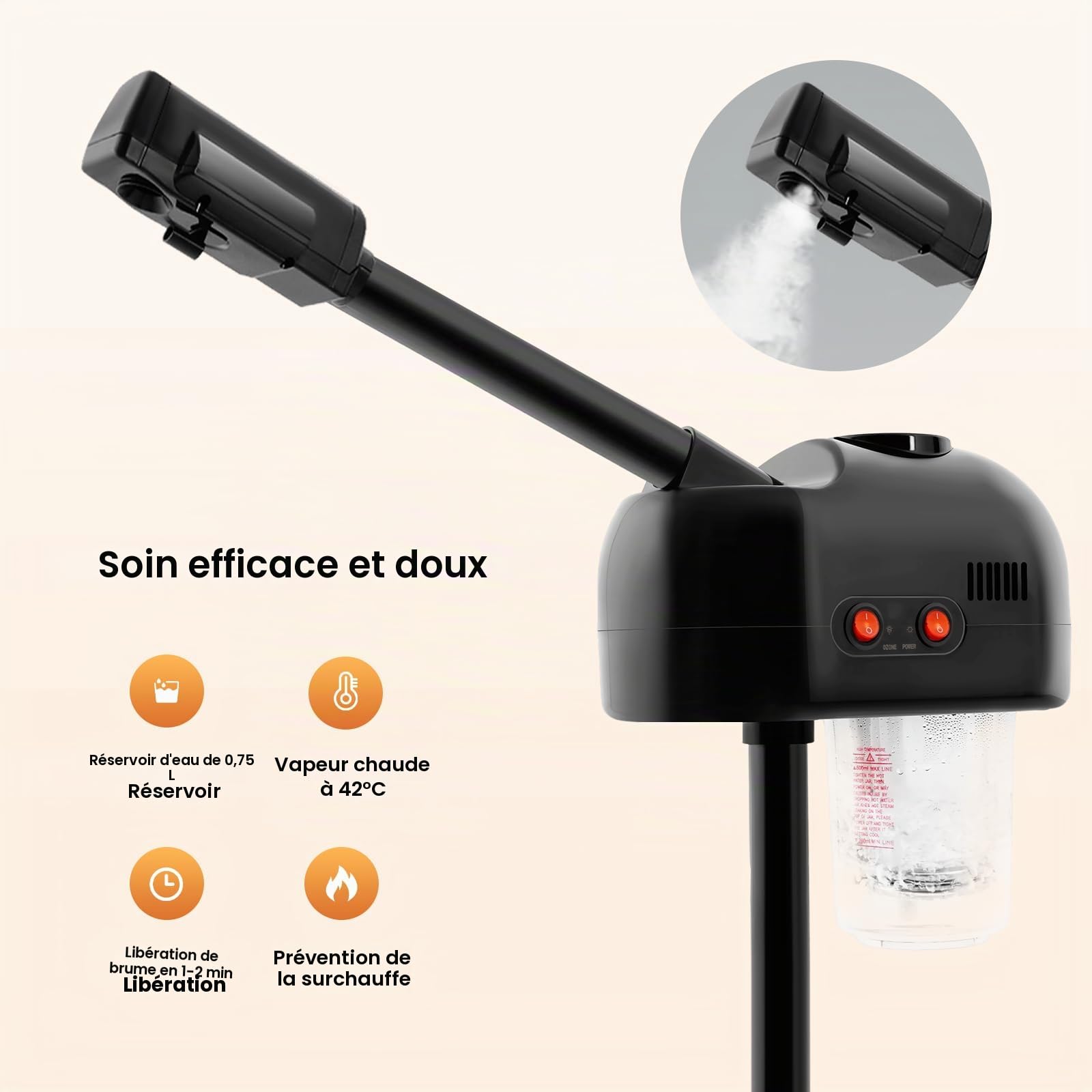 Vaporisateur 2 en 1 pour soin du visage - 800 W - Avec tige rétractable et buse à 360° - Hauteur réglable