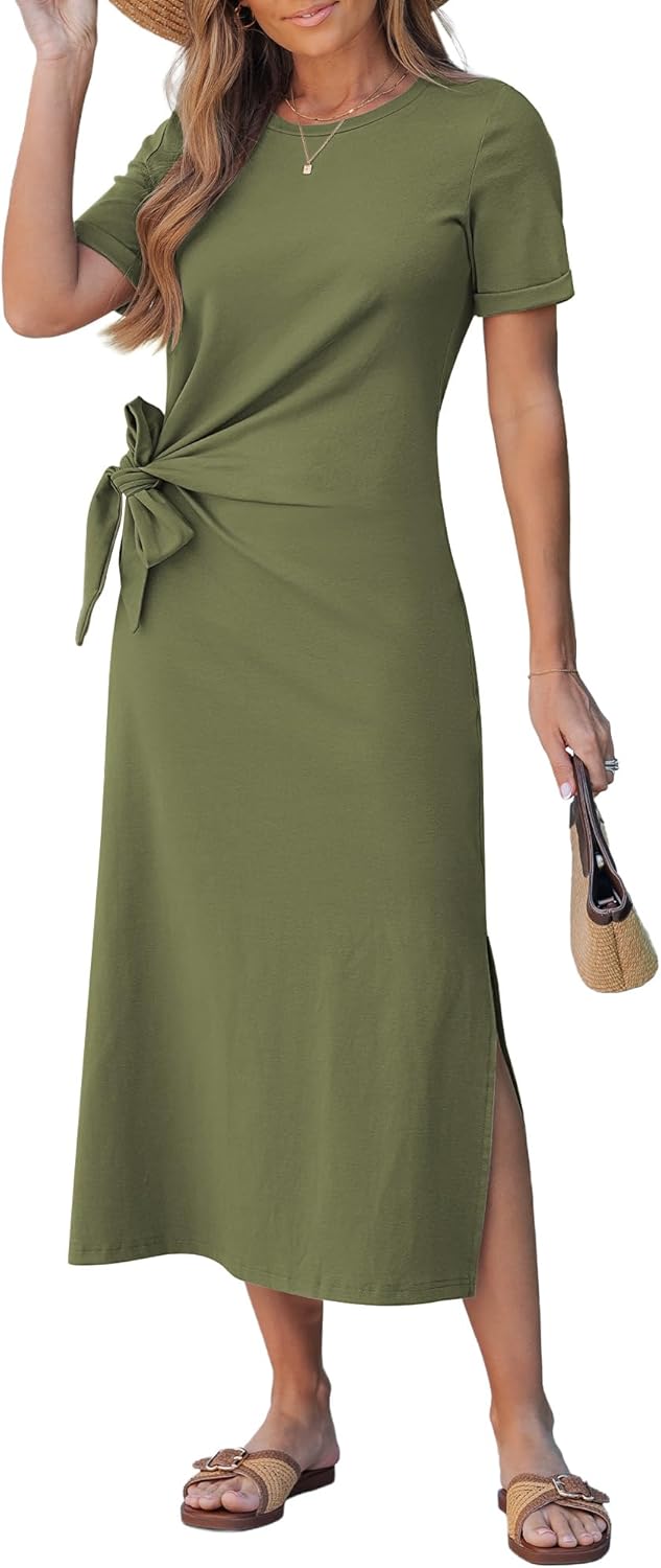 GRAPENT Long Dresses for Women Casual Summer Side Split Beach Vacation Short Sleeve Self Tie 2026 Comfy Tshirt Dress